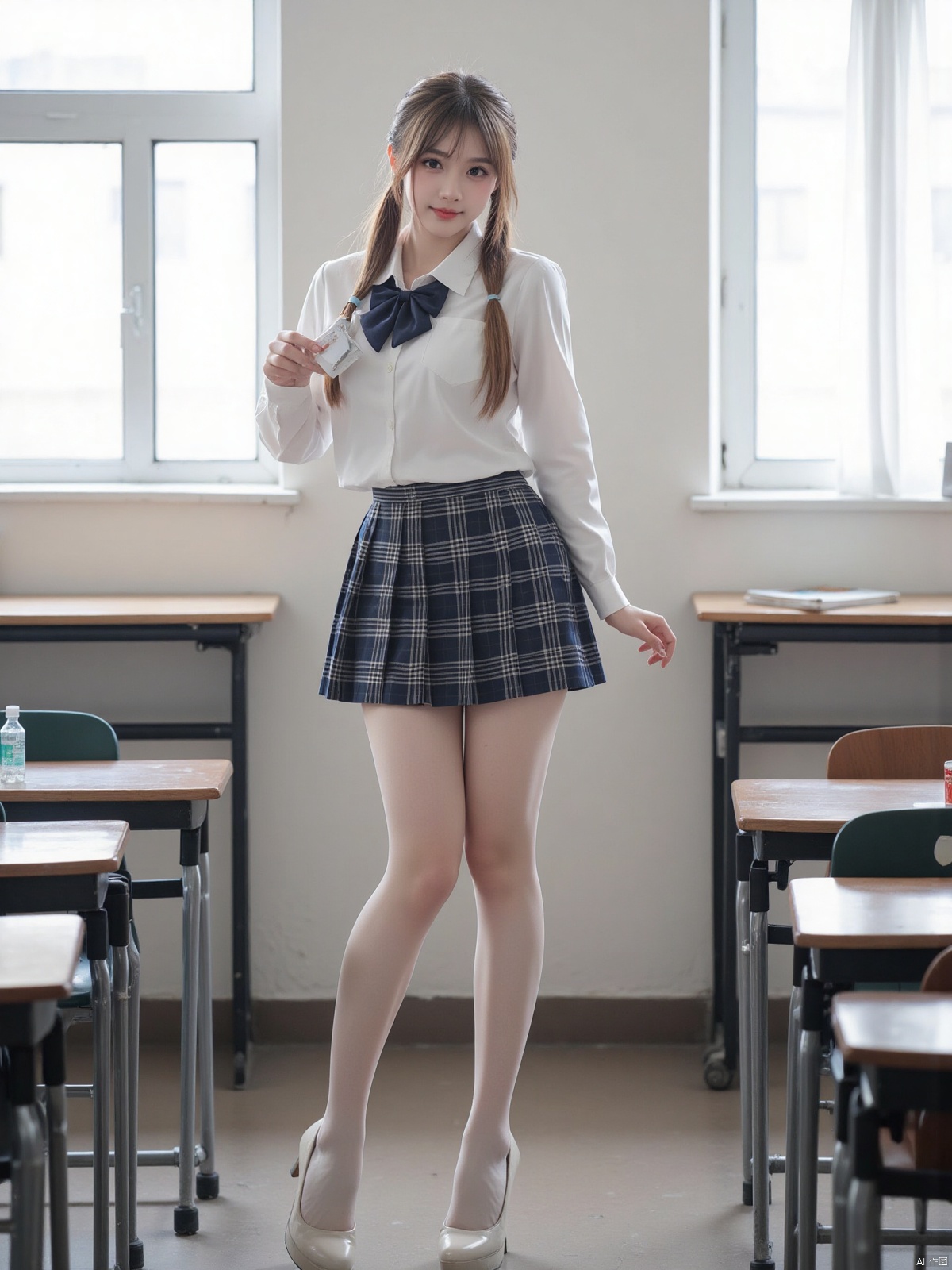 Realistic photos, 1girl, double ponytails, fair skin, big breasts, JK school uniform, plaid skirt, stockings, long legs, high heels, full body, standing, classroom,