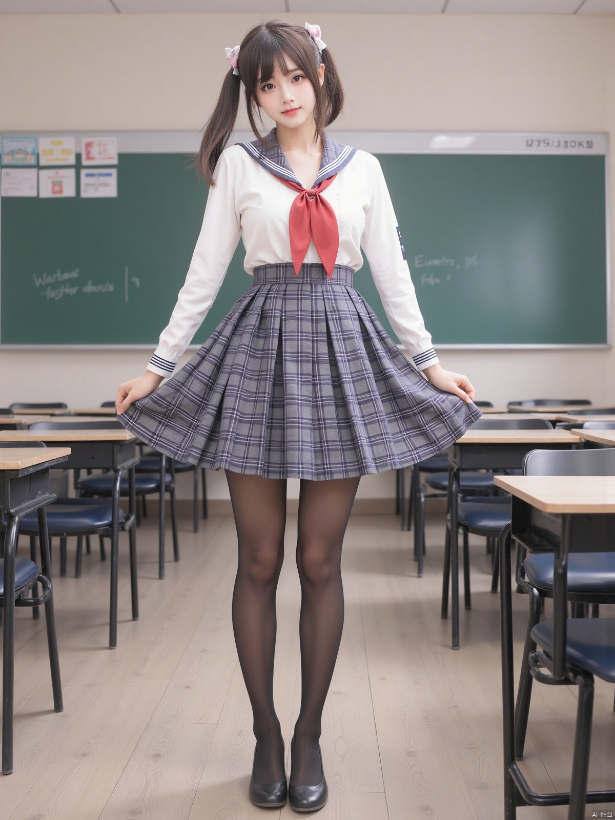 Realistic photos, 1girl, double ponytails, fair skin, big breasts, JK school uniform, plaid skirt, stockings, long legs, high heels, full body, standing, classroom,
