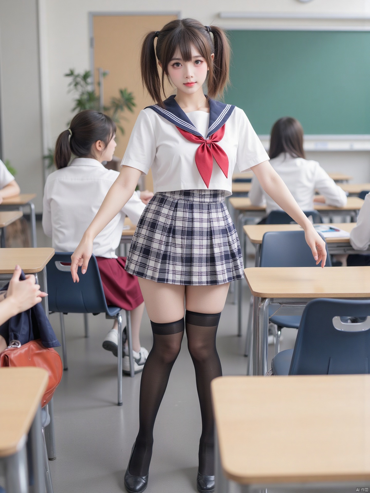Realistic photos, 1girl, double ponytails, fair skin, big breasts, JK school uniform, plaid skirt, stockings, long legs, high heels, full body, standing, classroom,