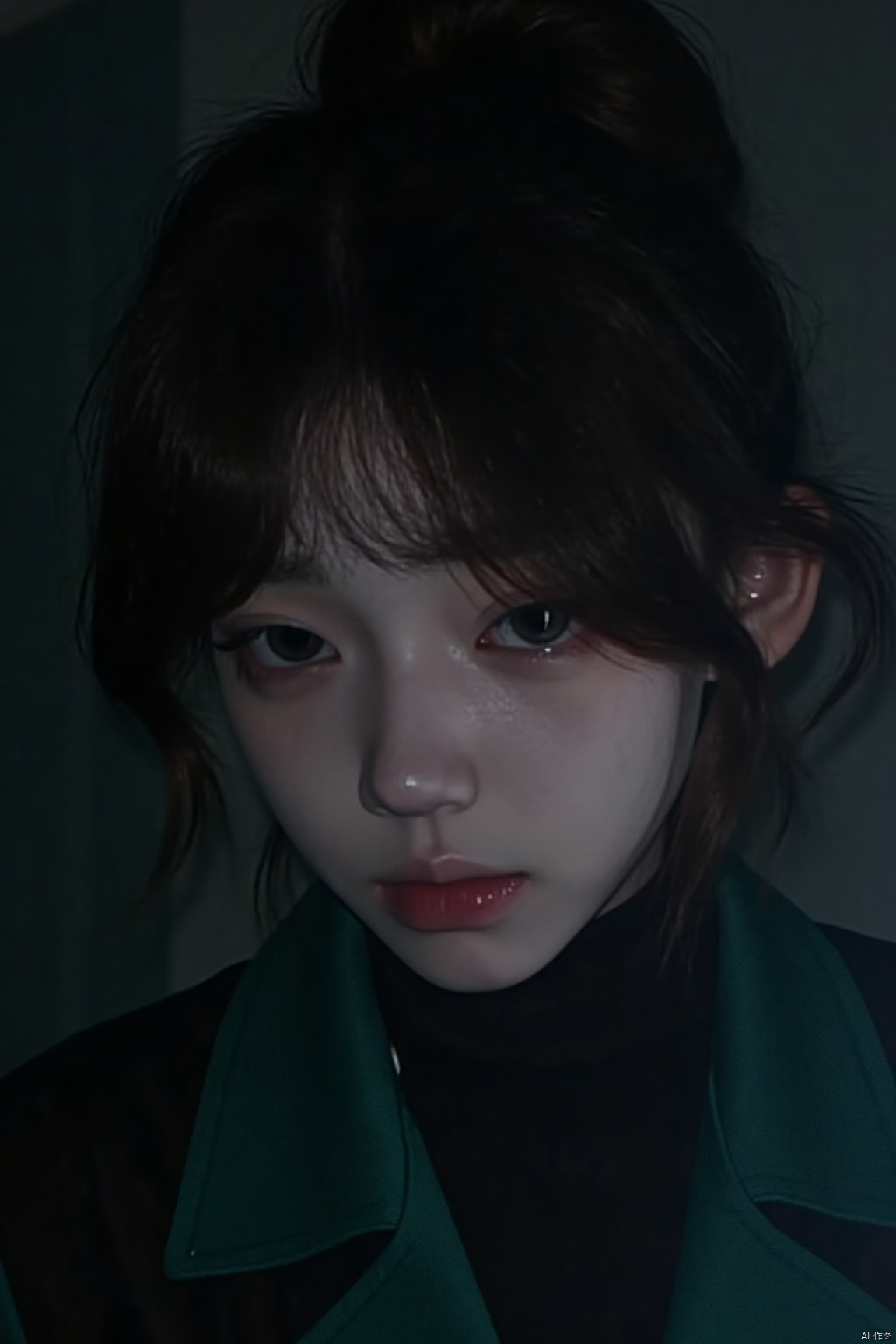 A 14-year-old woman,face photo, in a dark classroom,at night,bright light,wearing green and black coat,topknot,short hair,white skin,wavy hair,cxy,sideways,tears in eyes,crying,tears on face, fill light,light on face