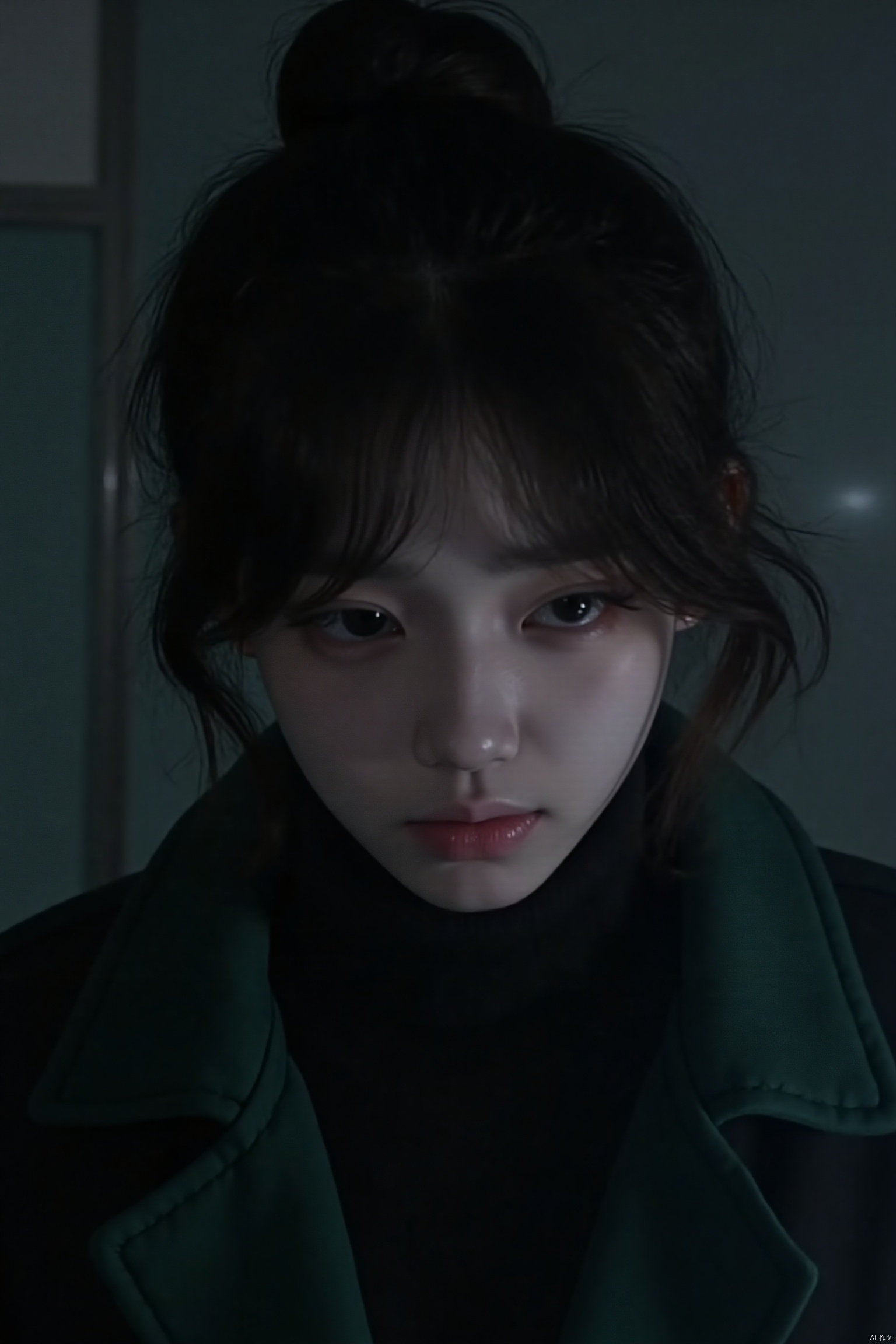 A 14-year-old woman,face photo, in a dark classroom,at night,bright light,wearing green and black coat,topknot,short hair,white skin,wavy hair,cxy,sideways,tears in eyes,crying,tears on face