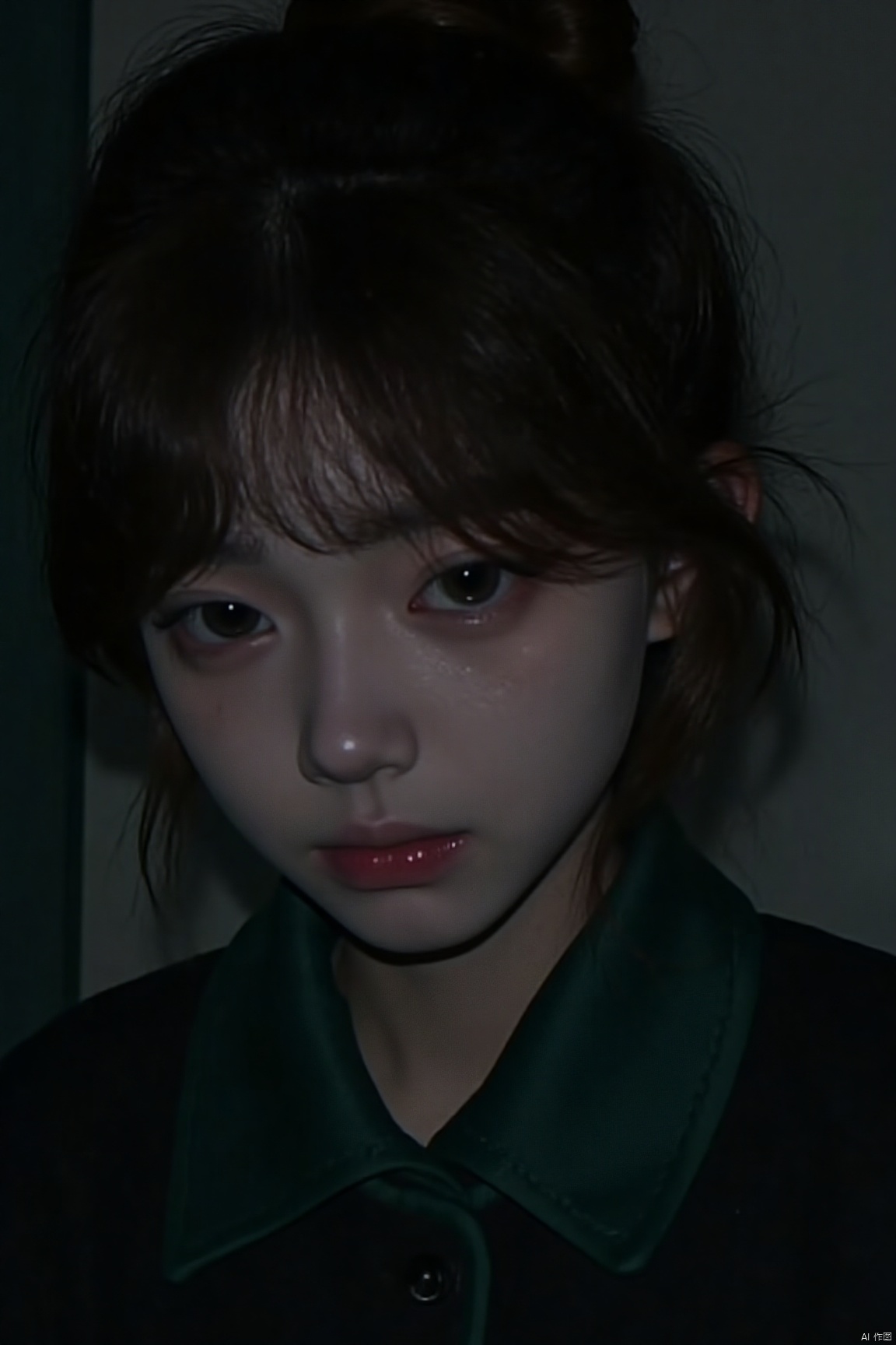 A 14-year-old woman,face photo,at night,bright light,wearing green and black coat,topknot,short hair,white skin,wavy hair,cxy,sideways,tears in eyes,crying,tears on face, fill light,light on face