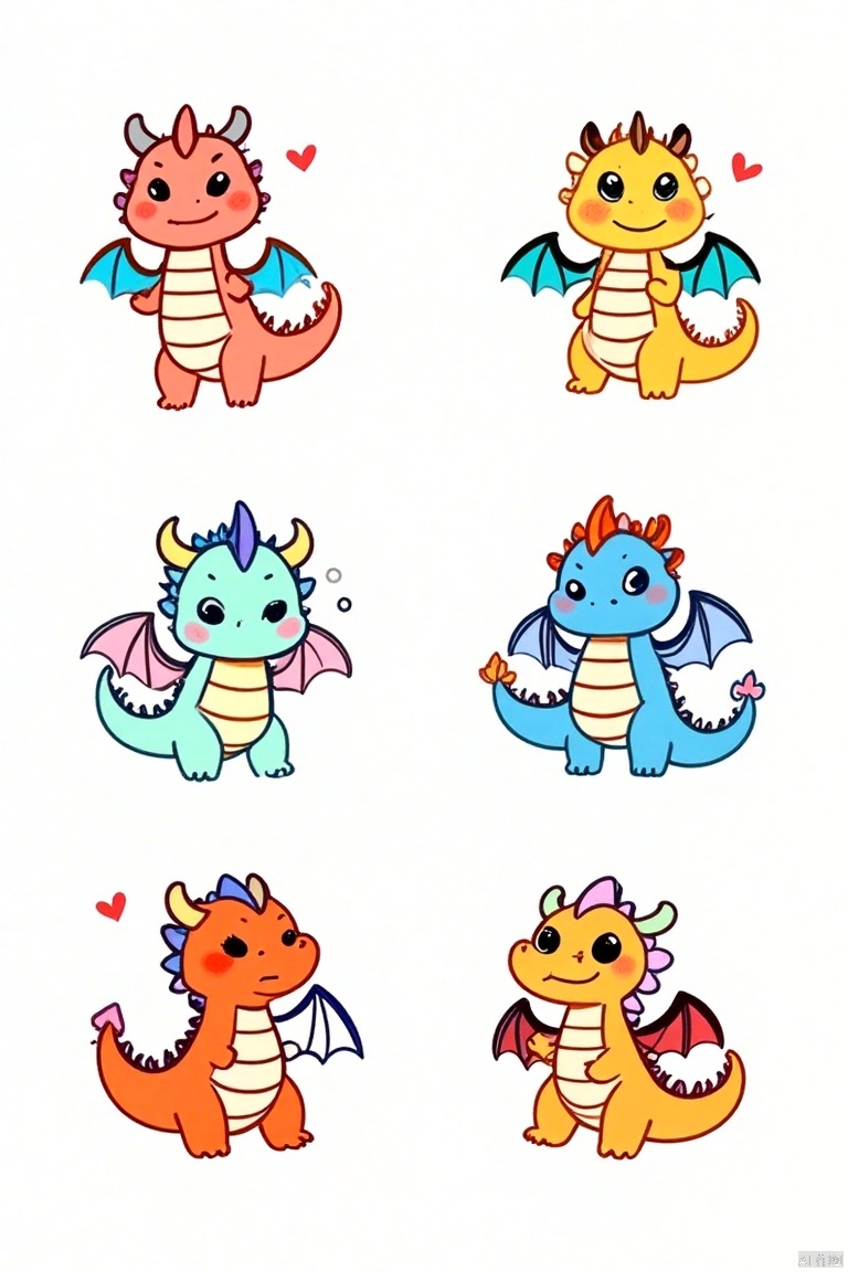 A vibrant, colorful illustration featuring six unique, cute little dragon designs, each with distinct role styles, expressions, and body decorations. The dragons are depicted in various poses, such as playful, curious, mischievous, and friendly, with each dragon adorned in different patterns and colors like polka dots, stripes, floral motifs, and geometric shapes. The composition is dynamic, with the dragons arranged in a lively formation, their expressions and decorations clearly highlighted under soft, warm lighting. The background is minimalistic, allowing the colorful dragons to stand out, creating a cheerful and engaging visual.