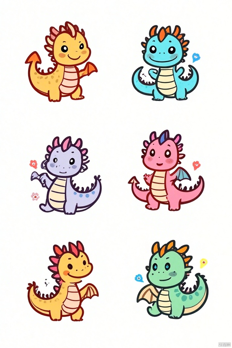 A vibrant, colorful illustration featuring six unique, cute little dragon designs, each with distinct role styles, expressions, and body decorations. The dragons are depicted in various poses, such as playful, curious, mischievous, and friendly, with each dragon adorned in different patterns and colors like polka dots, stripes, floral motifs, and geometric shapes. The composition is dynamic, with the dragons arranged in a lively formation, their expressions and decorations clearly highlighted under soft, warm lighting. The background is minimalistic, allowing the colorful dragons to stand out, creating a cheerful and engaging visual.
