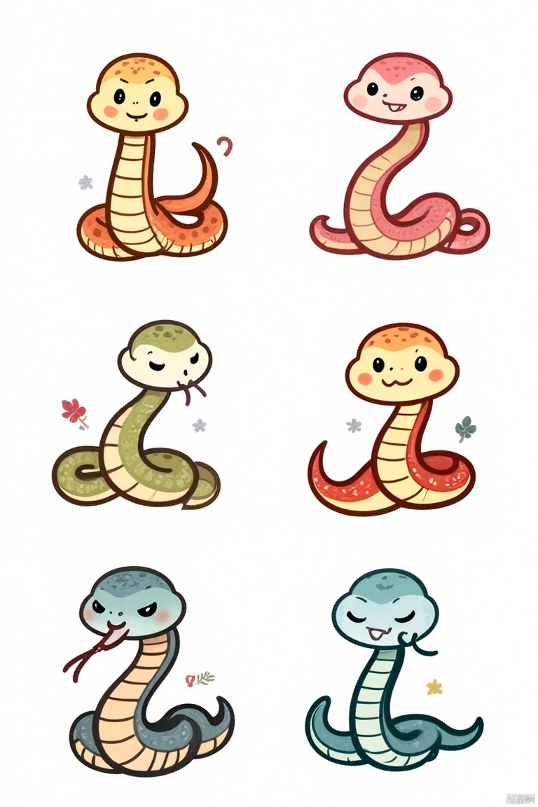 A vibrant, colorful illustration featuring six unique, cute little snake designs, each with distinct role styles, expressions, and body decorations. The snakes are depicted in various poses, such as playful, curious, mischievous, and friendly, with each snake adorned in different patterns and colors like polka dots, stripes, floral motifs, and geometric shapes. The composition is dynamic, with the snakes arranged in a lively formation, their expressions and decorations clearly highlighted under soft, warm lighting. The background is minimalistic, allowing the colorful snakes to stand out, creating a cheerful and engaging visual.