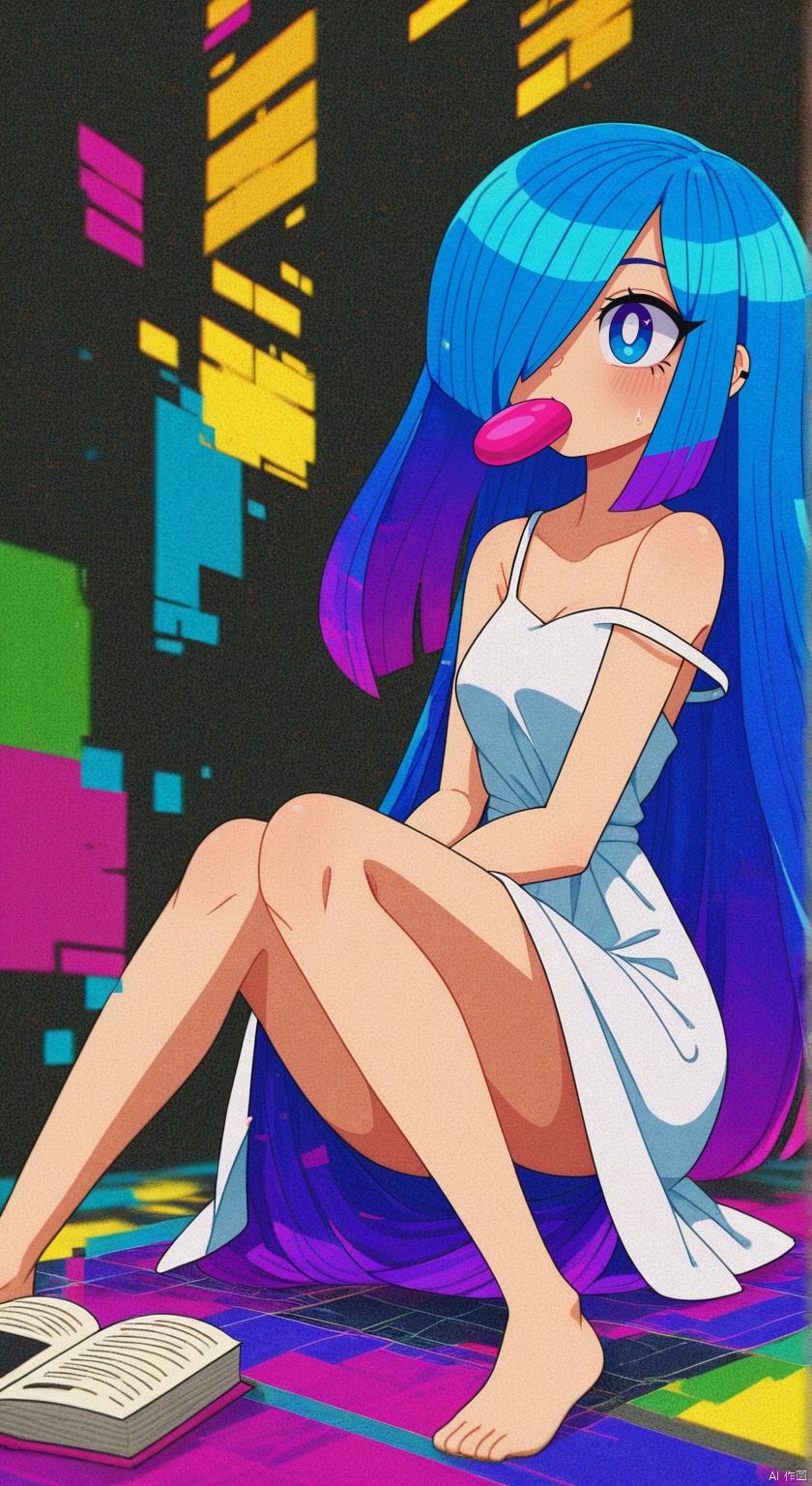 masterpiece, best quality, amazing quality, absurdres, newest, very awa,Shi1ro_vo1d_illu, glitch art,glitch, blurry edges, film grain,1girl, long hair, barefoot, dress, solo, sitting, book, hair over one eye, bubble blowing, blue eyes, blue hair, white dress, hair ornament, stuffed toy, strap slip
,SHI1RO_VO1D_ILLU, GLITCH ART, FILM GRAIN,,BLURRY,