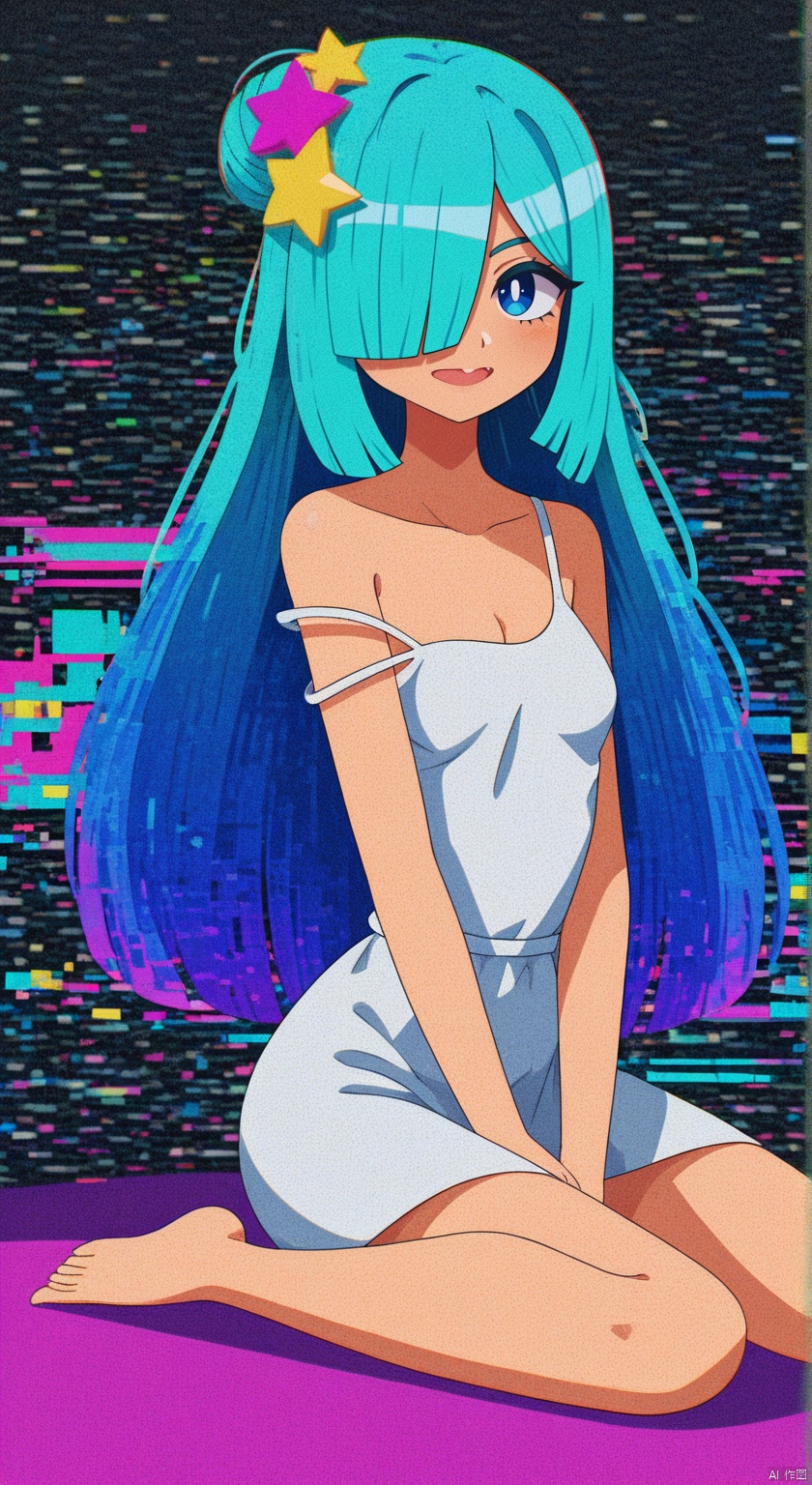 masterpiece, best quality, amazing quality, absurdres, newest, very awa,Shi1ro_vo1d_illu, glitch art,glitch, blurry edges, film grain,1girl, long hair, barefoot, dress, solo, sitting, book, hair over one eye, bubble blowing, blue eyes, blue hair, white dress, hair ornament, stuffed toy, strap slip
,SHI1RO_VO1D_ILLU, GLITCH ART, FILM GRAIN,,BLURRY,