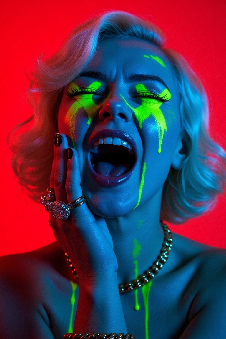 a glamorous platinum blonde woman with vintage old Hollywood finger-wave hair screaming with mouth wide open,  head tilted...