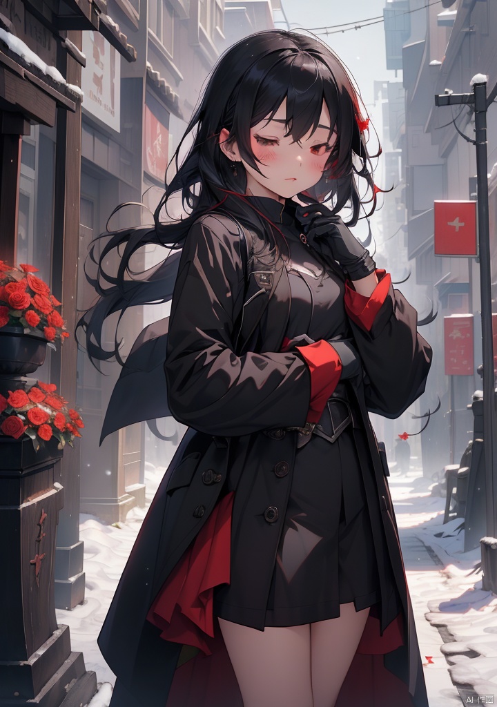 tuiwen,1girl,1boy,black hair,gloves,flower,long hair,red flower,coat,holding flower,closed eyes,white gloves,rose,fur trim,snow,holding,snowing,outdoors,graveyard,tombstone,bare tree,short hair,jewelry,black coat,earrings,bouquet,red rose,winter,tree,jacket,black jacket,long sleeves,grey gloves,
