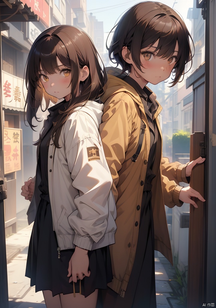 tuiwen,1girl,1boy,brown hair,blonde hair,jacket,white jacket,long hair,yellow eyes,looking at viewer,outdoors,hood,shirt,dress,closed mouth,short hair,standing,brown eyes,black shirt,bangs,artist name,