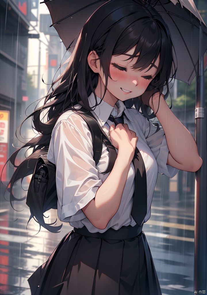 tuiwen,1girl,1boy,rain,black hair,long hair,shirt,necktie,wet,closed eyes,bag,wristwatch,watch,white shirt,wet clothes,blurry background,outdoors,umbrella,school uniform,blurry,parted lips,collared shirt,hetero,wet hair,hand on another's head,short hair,holding,short sleeves,school bag,blush,smile,skirt,black necktie,holding umbrella,wet shirt,