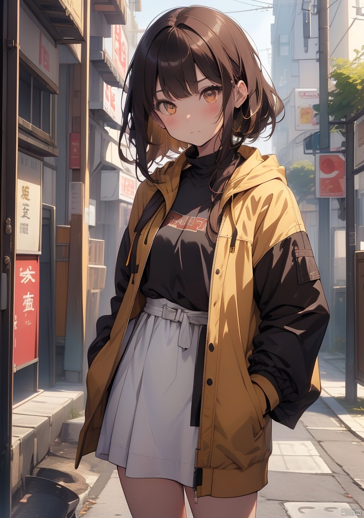 tuiwen,1girl,1boy,brown hair,blonde hair,jacket,white jacket,long hair,yellow eyes,looking at viewer,outdoors,hood,shirt,dress,closed mouth,short hair,standing,brown eyes,black shirt,bangs,artist name,