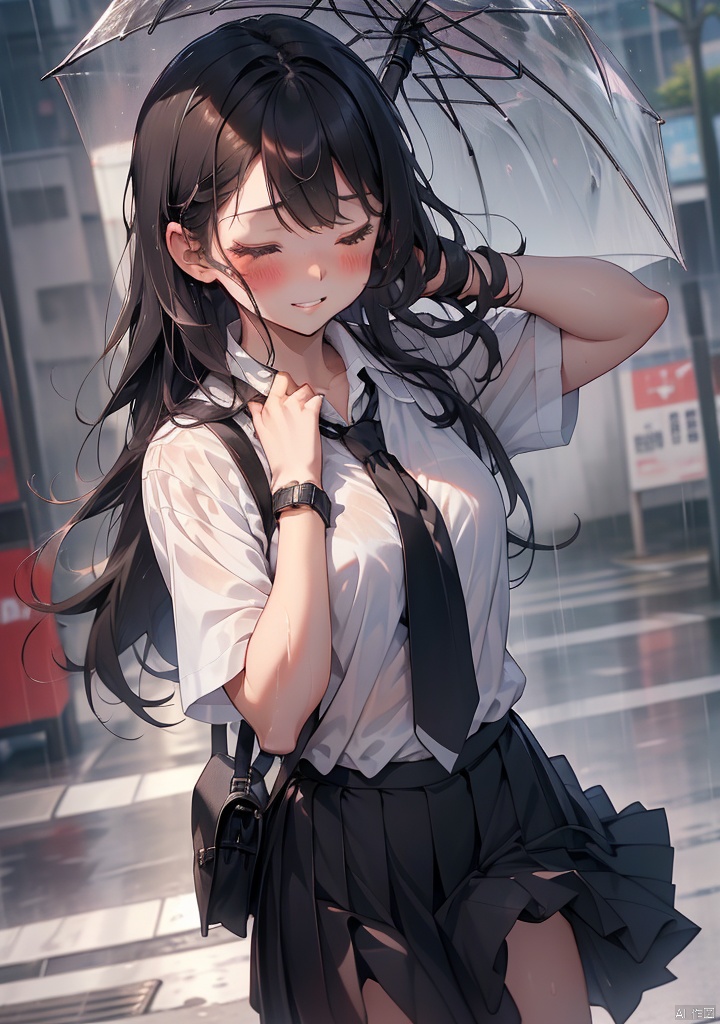 tuiwen,1girl,1boy,rain,black hair,long hair,shirt,necktie,wet,closed eyes,bag,wristwatch,watch,white shirt,wet clothes,blurry background,outdoors,umbrella,school uniform,blurry,parted lips,collared shirt,hetero,wet hair,hand on another's head,short hair,holding,short sleeves,school bag,blush,smile,skirt,black necktie,holding umbrella,wet shirt,