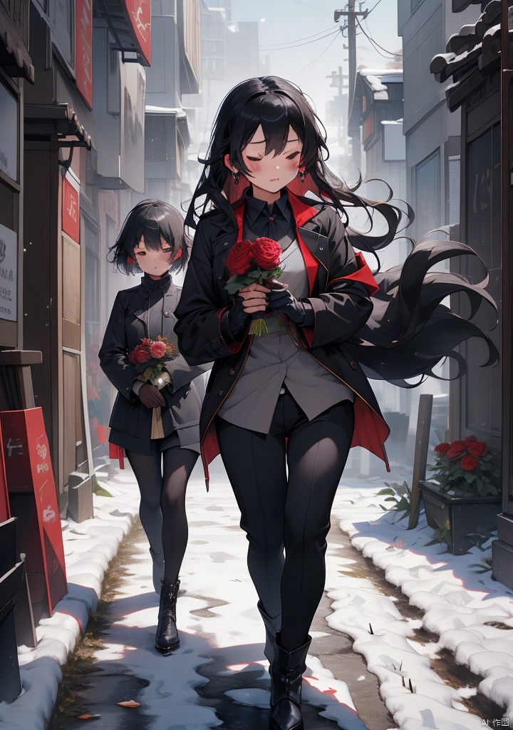tuiwen,1girl,1boy,black hair,gloves,flower,long hair,red flower,coat,holding flower,closed eyes,white gloves,rose,fur trim,snow,holding,snowing,outdoors,graveyard,tombstone,bare tree,short hair,jewelry,black coat,earrings,bouquet,red rose,winter,tree,jacket,black jacket,long sleeves,grey gloves,