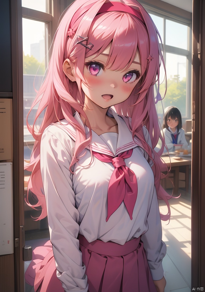 tuiwen,1girls,bangs,blue_neckerchief,hair_ornament,hairband,hairclip,long_hair,long_sleeves,multiple_girls,neckerchief,open_mouth,pink_eyes,pink_hair,pink_neckerchief,red_neckerchief,school_uniform,serafuku,shirt,star_\(symbol\),upper_body,white_shirt,indoor,masterpiece,best quality,