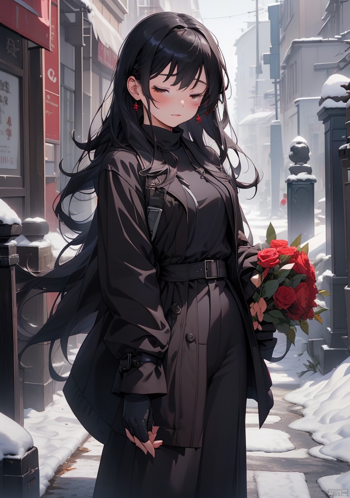 tuiwen,1girl,1boy,black hair,gloves,flower,long hair,red flower,coat,holding flower,closed eyes,white gloves,rose,fur trim,snow,holding,snowing,outdoors,graveyard,tombstone,bare tree,short hair,jewelry,black coat,earrings,bouquet,red rose,winter,tree,jacket,black jacket,long sleeves,grey gloves,