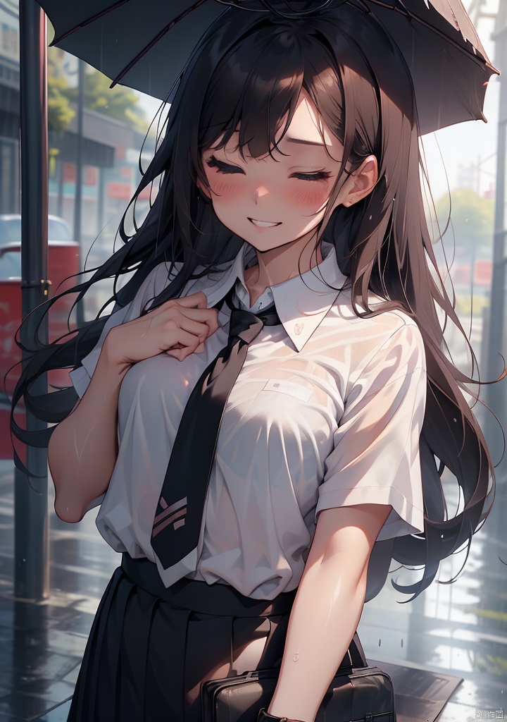 tuiwen,1girl,1boy,rain,black hair,long hair,shirt,necktie,wet,closed eyes,bag,wristwatch,watch,white shirt,wet clothes,blurry background,outdoors,umbrella,school uniform,blurry,parted lips,collared shirt,hetero,wet hair,hand on another's head,short hair,holding,short sleeves,school bag,blush,smile,skirt,black necktie,holding umbrella,wet shirt,