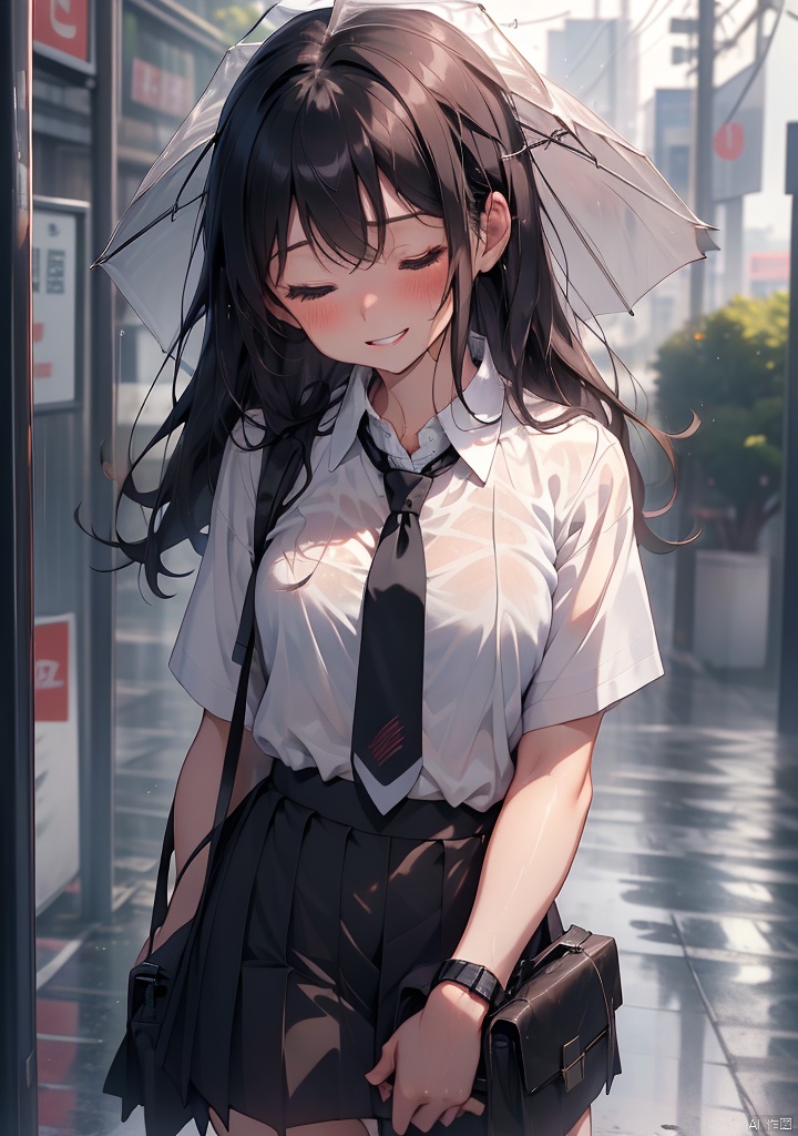 tuiwen,1girl,1boy,rain,black hair,long hair,shirt,necktie,wet,closed eyes,bag,wristwatch,watch,white shirt,wet clothes,blurry background,outdoors,umbrella,school uniform,blurry,parted lips,collared shirt,hetero,wet hair,hand on another's head,short hair,holding,short sleeves,school bag,blush,smile,skirt,black necktie,holding umbrella,wet shirt,