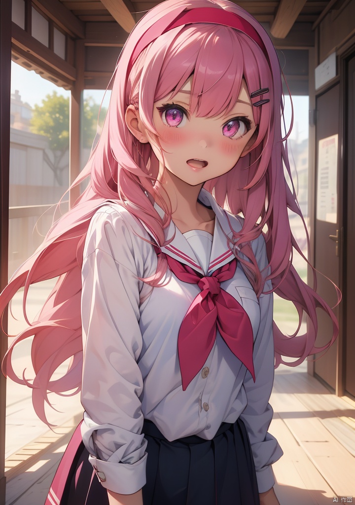 tuiwen,1girls,bangs,blue_neckerchief,hair_ornament,hairband,hairclip,long_hair,long_sleeves,multiple_girls,neckerchief,open_mouth,pink_eyes,pink_hair,pink_neckerchief,red_neckerchief,school_uniform,serafuku,shirt,star_\(symbol\),upper_body,white_shirt,indoor,masterpiece,best quality,