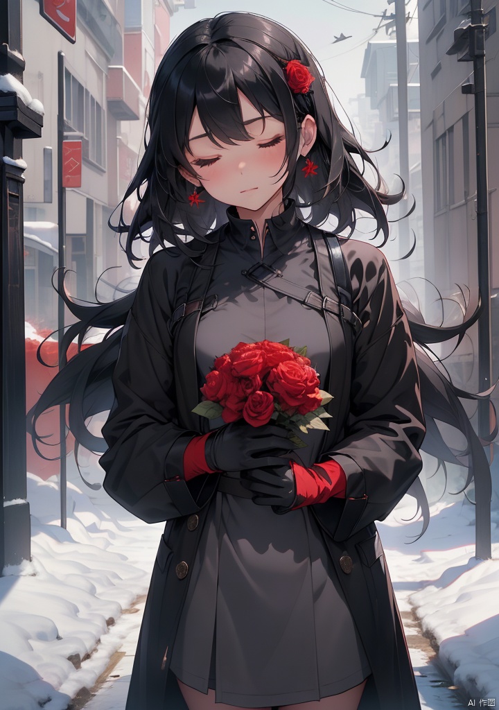 tuiwen,1girl,1boy,black hair,gloves,flower,long hair,red flower,coat,holding flower,closed eyes,white gloves,rose,fur trim,snow,holding,snowing,outdoors,graveyard,tombstone,bare tree,short hair,jewelry,black coat,earrings,bouquet,red rose,winter,tree,jacket,black jacket,long sleeves,grey gloves,