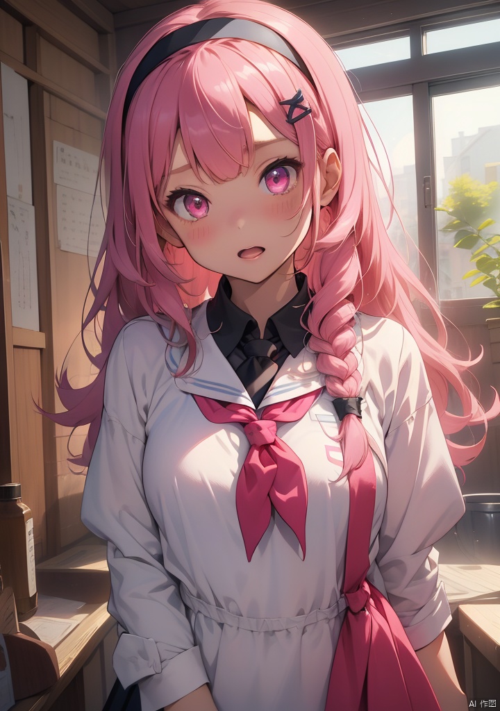 tuiwen,1girls,bangs,blue_neckerchief,hair_ornament,hairband,hairclip,long_hair,long_sleeves,multiple_girls,neckerchief,open_mouth,pink_eyes,pink_hair,pink_neckerchief,red_neckerchief,school_uniform,serafuku,shirt,star_\(symbol\),upper_body,white_shirt,indoor,masterpiece,best quality,