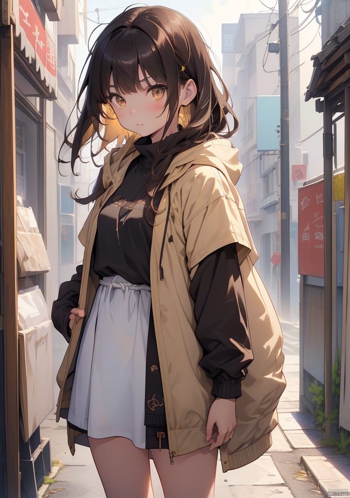 tuiwen,1girl,1boy,brown hair,blonde hair,jacket,white jacket,long hair,yellow eyes,looking at viewer,outdoors,hood,shirt,dress,closed mouth,short hair,standing,brown eyes,black shirt,bangs,artist name,