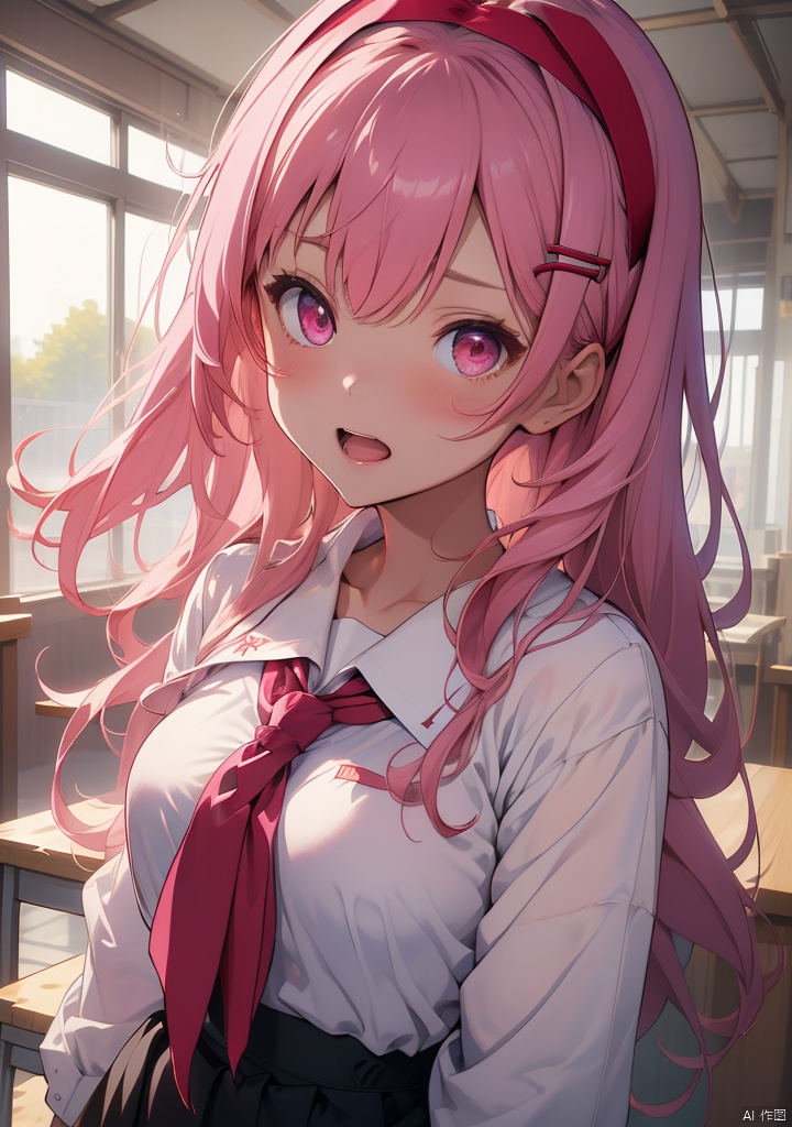 tuiwen,1girls,bangs,blue_neckerchief,hair_ornament,hairband,hairclip,long_hair,long_sleeves,multiple_girls,neckerchief,open_mouth,pink_eyes,pink_hair,pink_neckerchief,red_neckerchief,school_uniform,serafuku,shirt,star_\(symbol\),upper_body,white_shirt,indoor,masterpiece,best quality,