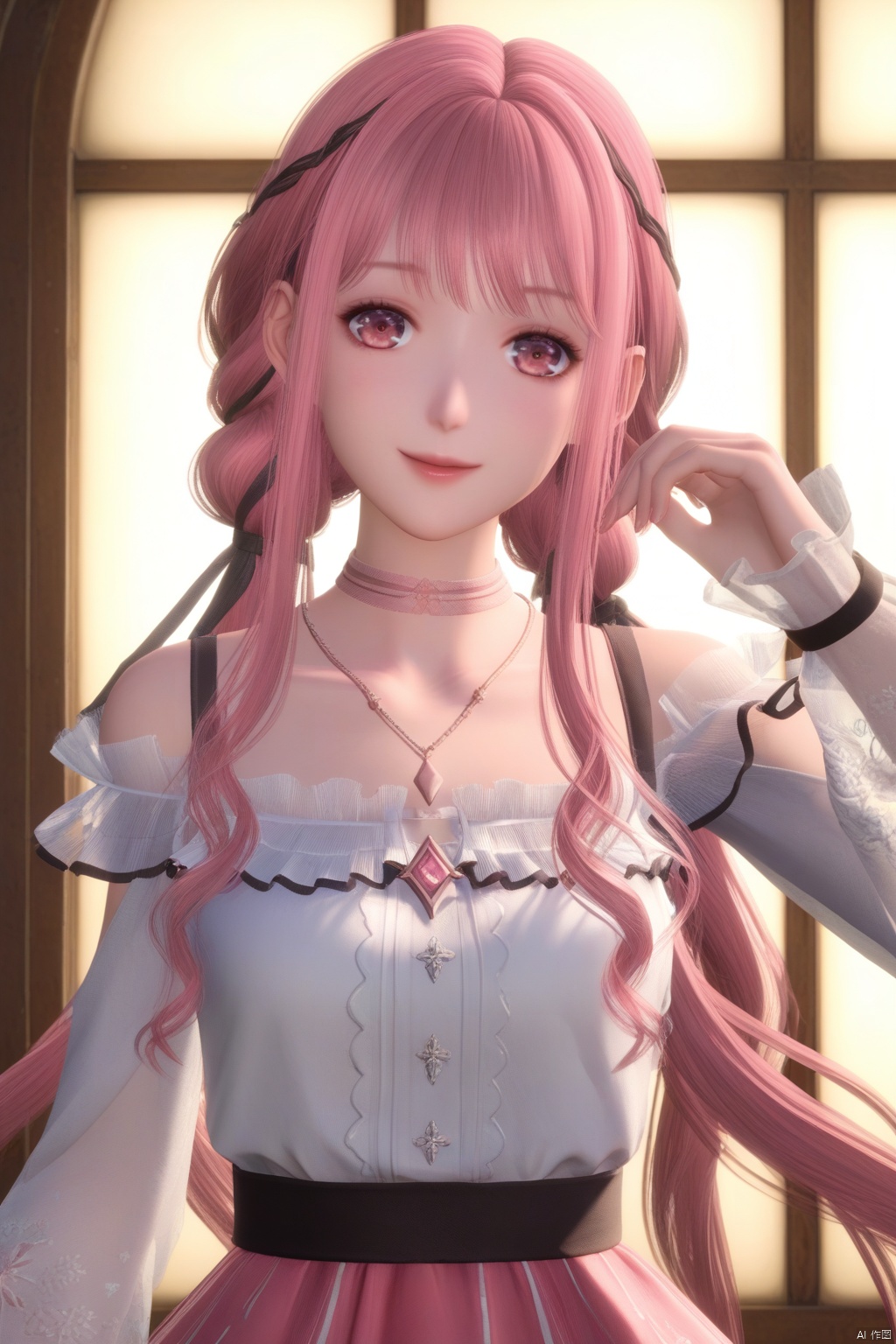 masterpiece, best quality, masterpiece,best quality,official art,extremely detailed CG unity 8k wallpaper,1girl,solo,long hair,looking at viewer,smile,bangs,skirt,shirt,long sleeves,twintails,jewelry,very long hair,collarbone,white shirt,pink hair,braid,frills,choker,pink eyes,necklace,pink skirt,off-shoulder shirt,frilled shirt,see-through sleeves,portrait,
