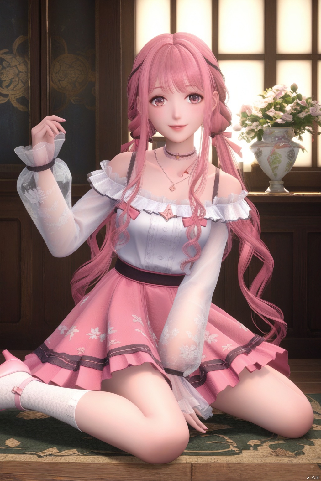 masterpiece, best quality, masterpiece,best quality,official art,extremely detailed CG unity 8k wallpaper,1girl,solo,long hair,looking at viewer,smile,bangs,skirt,shirt,long sleeves,twintails,jewelry,very long hair,collarbone,white shirt,pink hair,braid,frills,choker,virtual youtuber,pink eyes,necklace,pink skirt,off-shoulder shirt,frilled shirt,see-through sleeves,high heels,pink footwear,pink bow,white socks,floral print,socks