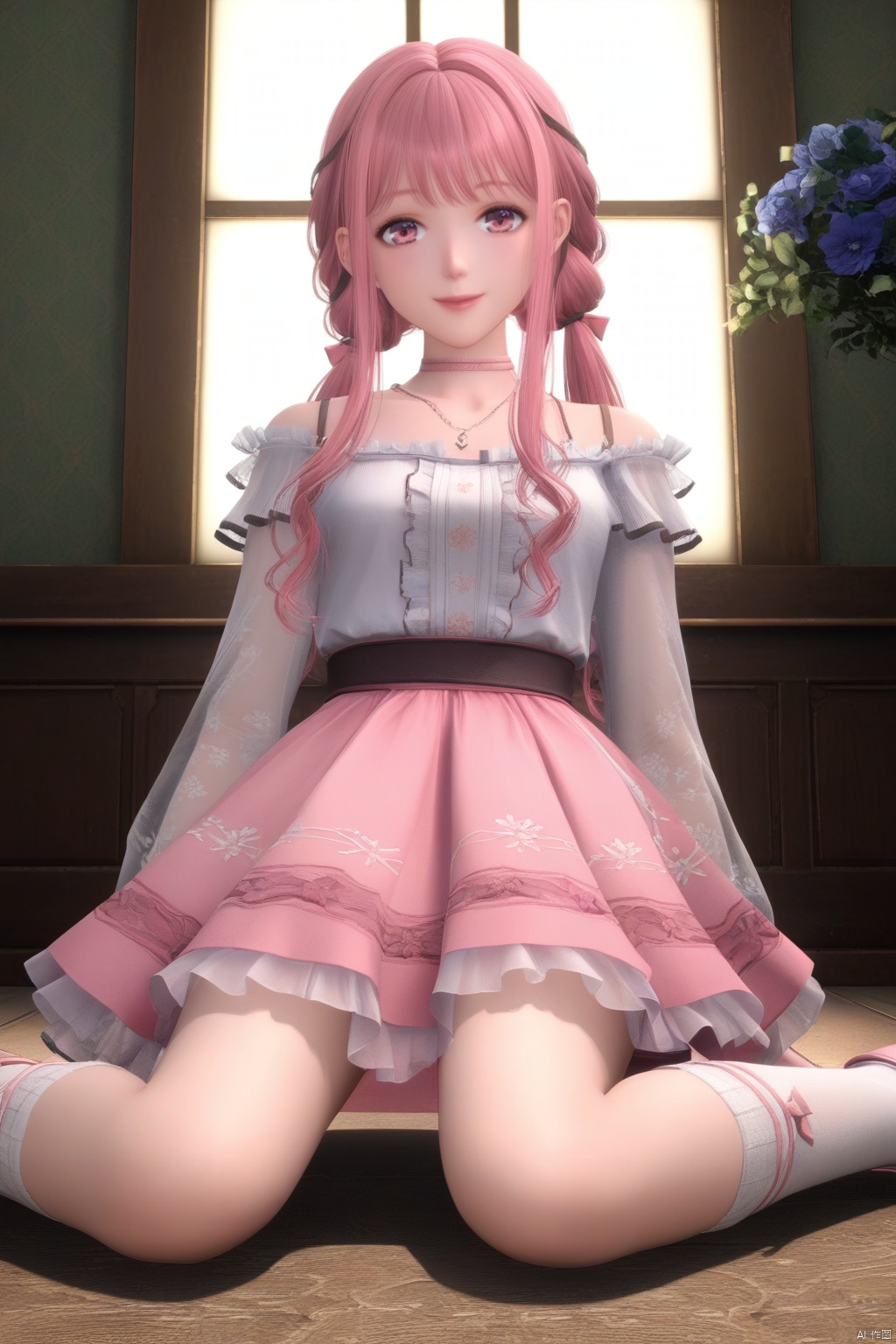 masterpiece, best quality, masterpiece,best quality,official art,extremely detailed CG unity 8k wallpaper,1girl,solo,long hair,looking at viewer,smile,bangs,skirt,shirt,long sleeves,twintails,jewelry,very long hair,collarbone,white shirt,pink hair,braid,frills,choker,virtual youtuber,pink eyes,necklace,pink skirt,off-shoulder shirt,frilled shirt,see-through sleeves,pink footwear,pink bow,white socks,floral print,socks,full_body,pink shoes,(fetal position:1.3),sitting,from below,Bow Socks,See-through Floral Socks,Hands behind your back