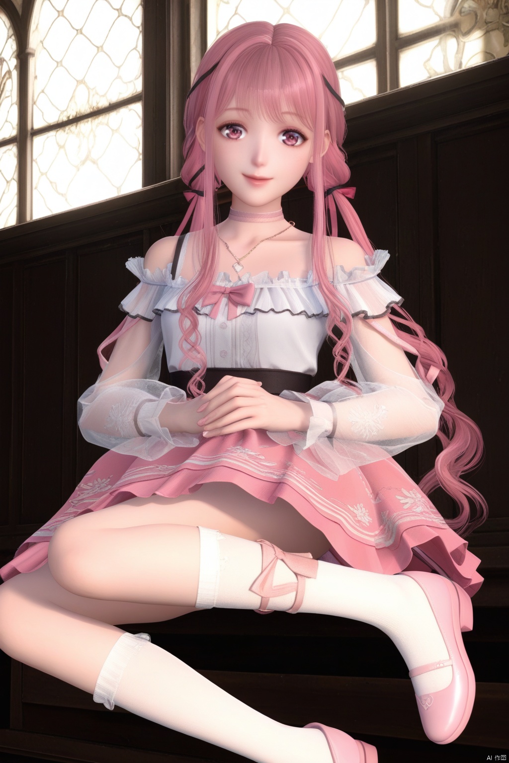 masterpiece, best quality, masterpiece,best quality,official art,extremely detailed CG unity 8k wallpaper,1girl,solo,long hair,looking at viewer,smile,bangs,skirt,shirt,long sleeves,twintails,jewelry,very long hair,collarbone,white shirt,pink hair,braid,frills,choker,virtual youtuber,pink eyes,necklace,pink skirt,off-shoulder shirt,frilled shirt,see-through sleeves,pink footwear,pink bow,white socks,floral print,socks,full_body,pink shoes,(fetal position:1.3),sitting,from below,Bow Socks,See-through Floral Socks