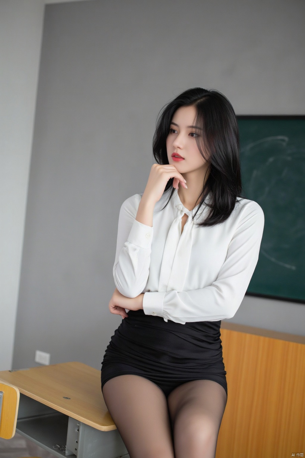 Black pantyhose,a medium-sized Asian woman, dressed in a black skirt and a white long-sleeved button-down blouse, is seated on a silver metal stool. She has her left hand on her hip and her right hand resting on her chin. Her long, dark brown hair is cascading down her back, framing her face. The backdrop is a stark white wall, with a green chalkboard behind her, adding a pop of color to the otherwise monochromatic scene.