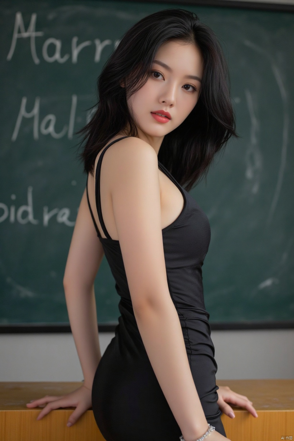 A sultry black-haired female teacher stands confidently in front of a worn chalkboard, hands resting on the edge as she fixes a direct gaze at the camera. Soft natural light wraps around her porcelain skin, accentuating subtle curves of her cheeks and nose. The blurred background hints at a classroom or office setting, while her alluring presence takes center stage.