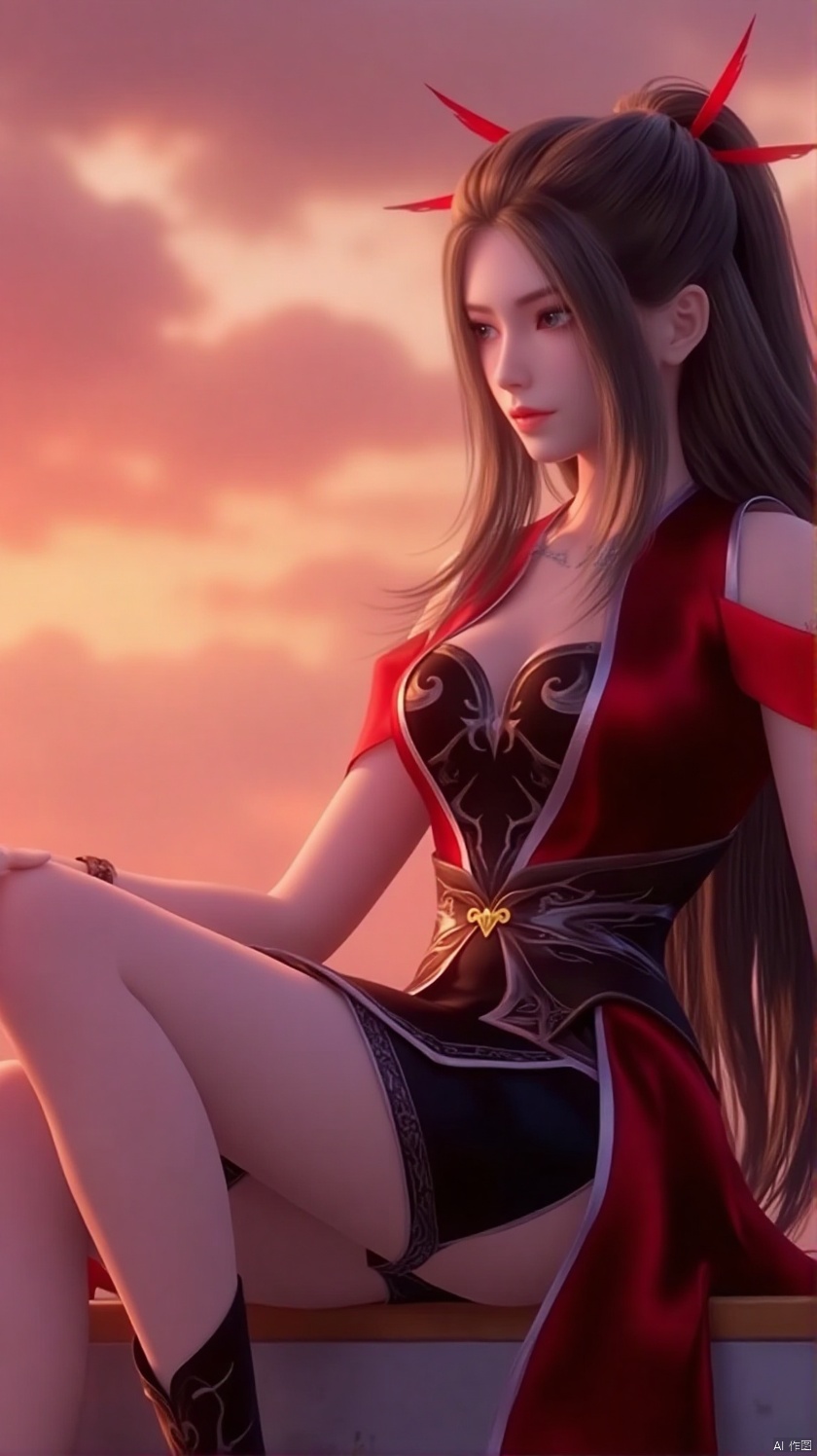 The image is a digital illustration of a young woman sitting on a throne-like structure She is wearing a red and black outfit with a high neckline and long sleeves The outfit has a unique design with a red cape draped over her shoulders and a black belt around her waist She has long black hair styled in a high ponytail with red feathers on top The woman is sitting with her legs crossed and her hands resting on her knees She appears to be deep in thought, with a serious expression on her face The background is a beautiful sunset with orange and pink hues, and the sky is filled with clouds The overall mood of the image is peaceful and serene.,