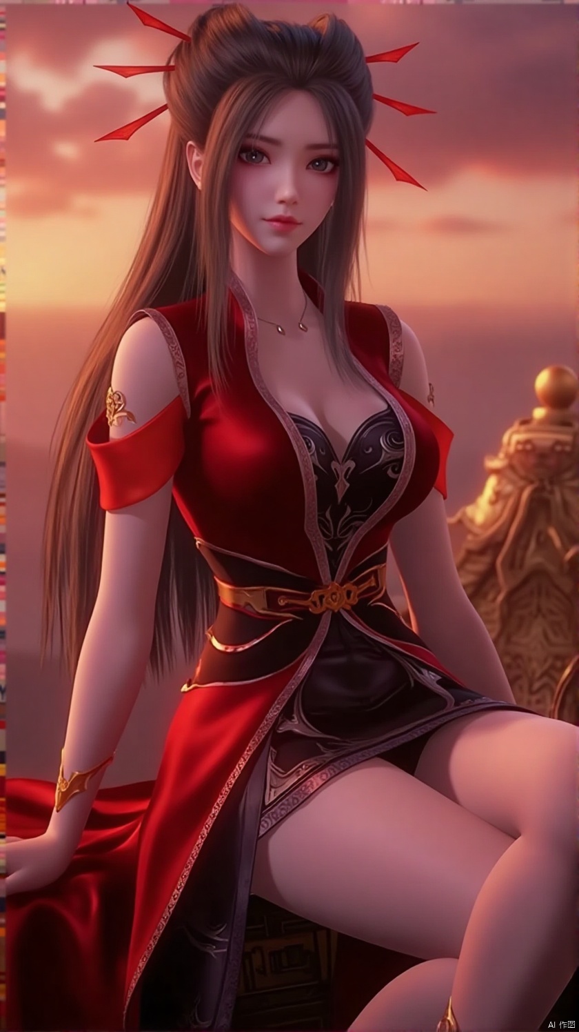 The image is a digital illustration of a young woman sitting on a throne-like structure She is wearing a red and black outfit with a high neckline and long sleeves The outfit has a unique design with a red cape draped over her shoulders and a black belt around her waist She has long black hair styled in a high ponytail with red feathers on top The woman is sitting with her legs crossed and her hands resting on her knees She appears to be deep in thought, with a serious expression on her face The background is a beautiful sunset with orange and pink hues, and the sky is filled with clouds The overall mood of the image is peaceful and serene.,