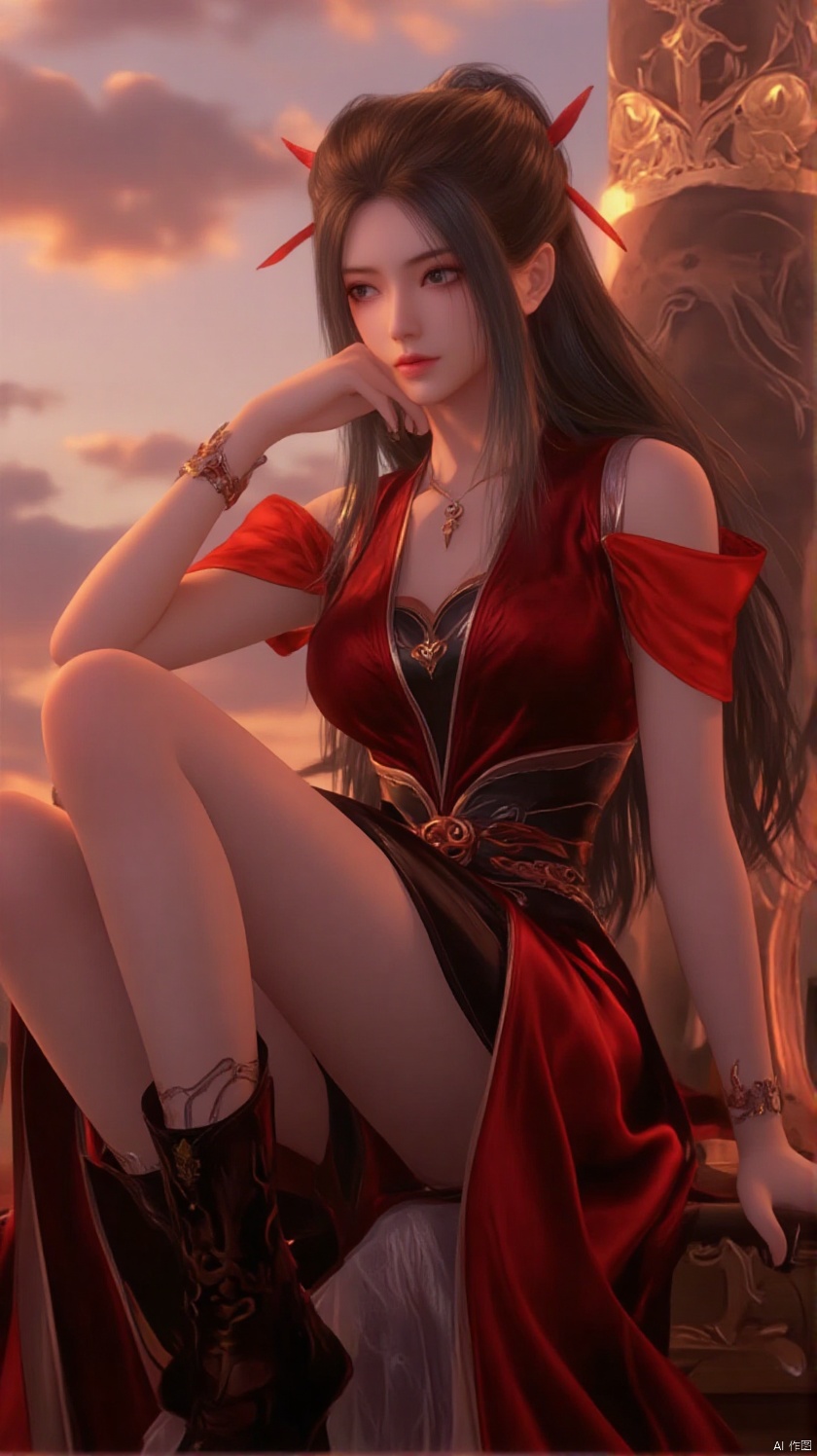 The image is a digital illustration of a young woman sitting on a throne-like structure She is wearing a red and black outfit with a high neckline and long sleeves The outfit has a unique design with a red cape draped over her shoulders and a black belt around her waist She has long black hair styled in a high ponytail with red feathers on top The woman is sitting with her legs crossed and her hands resting on her knees She appears to be deep in thought, with a serious expression on her face The background is a beautiful sunset with orange and pink hues, and the sky is filled with clouds The overall mood of the image is peaceful and serene.,