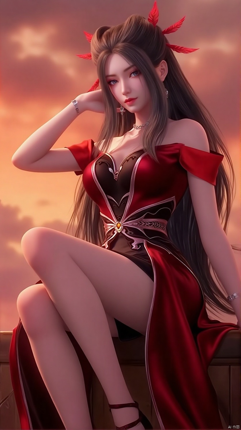 The image is a digital illustration of a young woman sitting on a throne-like structure She is wearing a red and black outfit with a high neckline and long sleeves The outfit has a unique design with a red cape draped over her shoulders and a black belt around her waist She has long black hair styled in a high ponytail with red feathers on top The woman is sitting with her legs crossed and her hands resting on her knees She appears to be deep in thought, with a serious expression on her face The background is a beautiful sunset with orange and pink hues, and the sky is filled with clouds The overall mood of the image is peaceful and serene.,