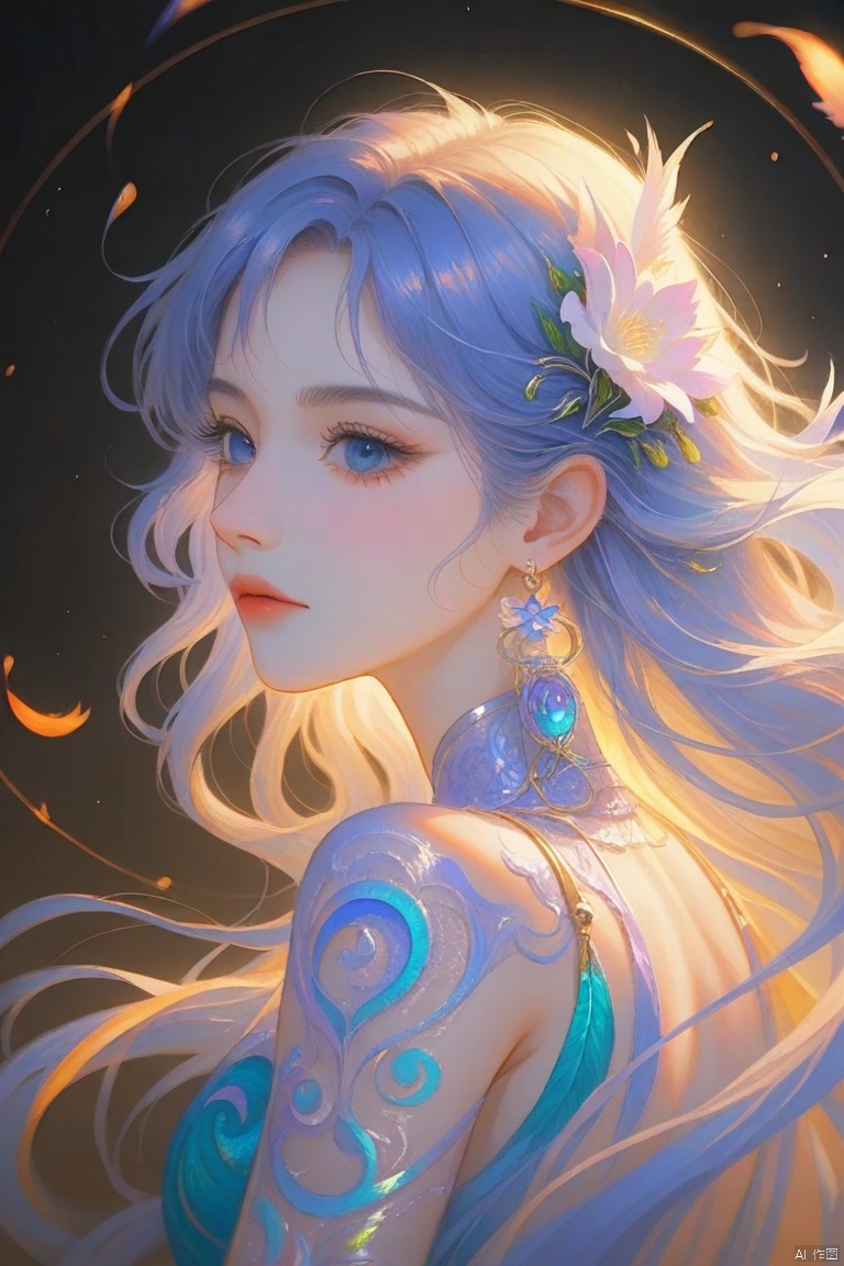 An oil painting style depicting flowers of orchid, lily and mock orange entwined with a peacock. The scene is set in a illuminative ethereal art style, with dim lighting against a pastel coloured background. Cosmical bold-coloured pastel splashes are scattered around, creating a dramatic effect. The peacock's colourful feathers are detailed and textured, with detailing that accentuates its presence. Add elements of enigma, magnificence and majestic of the composition. background also features faint, intricate patterns that blend into the shadows, giving the impression of ancient, arcane symbols adding to the unsettling atmosphere,f-guang