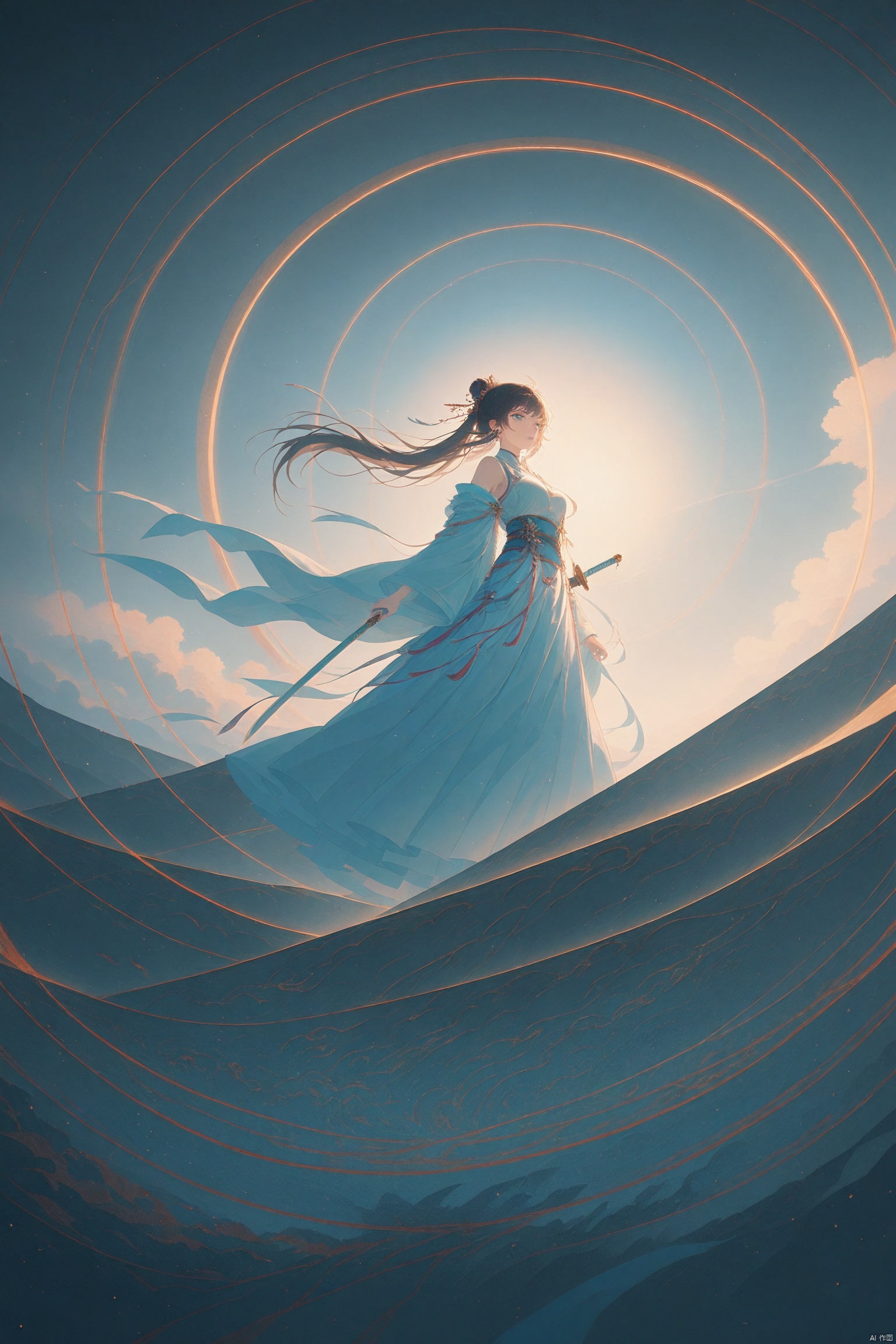  Ancient China, Wuxia World, Single Sword, Split Heavens and Earth, surrounded by clouds, epic landscape, divine light and shadow, wide Angle lens, captured at dawn, cinematic texture, Unreal light and shadow, 8K Ultra HD, clear and bright image quality, breathtaking fantasy immortal scenes, traditional Chinese ink painting style, highly refined, dynamic expression, clear lines, cinematic texture, Atmospheric tension, vivid, render high octane, extremely fine., wujie, jianjue,wanjianguizong,f-guang