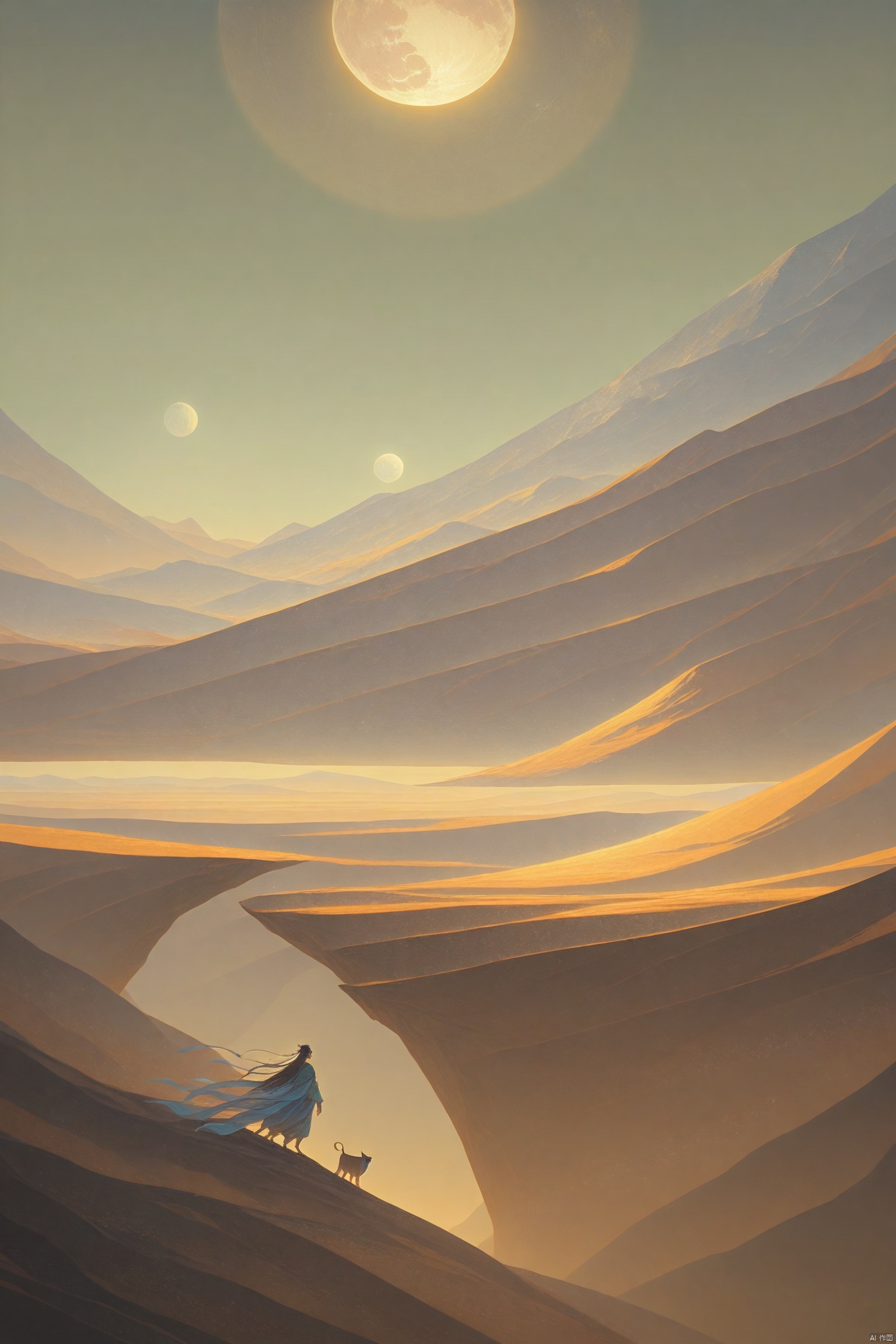 desert_sky,outdoors,sky,moon,scenery,desert,wide shot,animal, landscape, tang_hanfu, FANTASY,f-guang