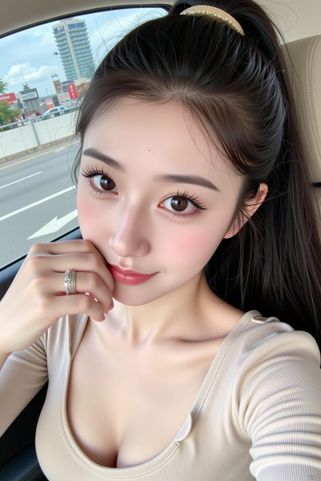 1girl,solo,long hair,breasts,looking at viewer,smile,black hair,cleavage,brown eyes,jewelry,medium breasts,upper body,ponytail,hairband,mole,lips,ring,realistic,selfie,car interior,