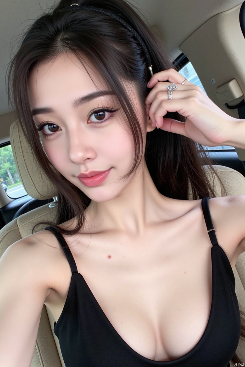 1girl,solo,long hair,breasts,looking at viewer,smile,black hair,cleavage,brown eyes,jewelry,medium breasts,upper body,ponytail,hairband,mole,lips,ring,realistic,selfie,car interior,
