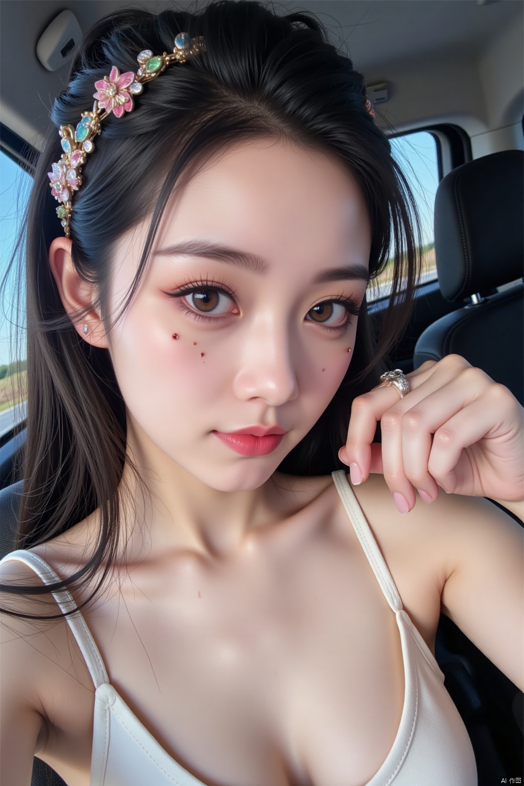 1girl,solo,long hair,breasts,looking at viewer,smile,black hair,cleavage,brown eyes,jewelry,medium breasts,upper body,ponytail,hairband,mole,lips,ring,realistic,selfie,car interior,