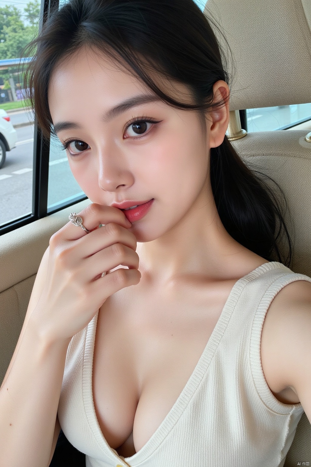 1girl,solo,long hair,breasts,looking at viewer,smile,black hair,cleavage,brown eyes,jewelry,medium breasts,upper body,ponytail,hairband,mole,lips,ring,realistic,selfie,car interior,belly button