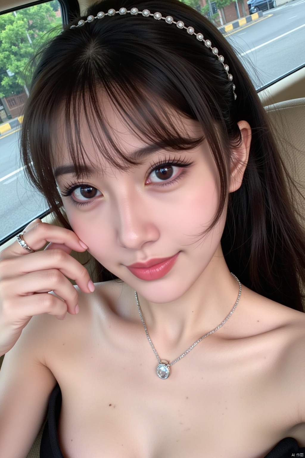 1girl,solo,long hair,breasts,looking at viewer,smile,black hair,cleavage,brown eyes,jewelry,medium breasts,upper body,ponytail,hairband,mole,lips,ring,realistic,selfie,car interior,