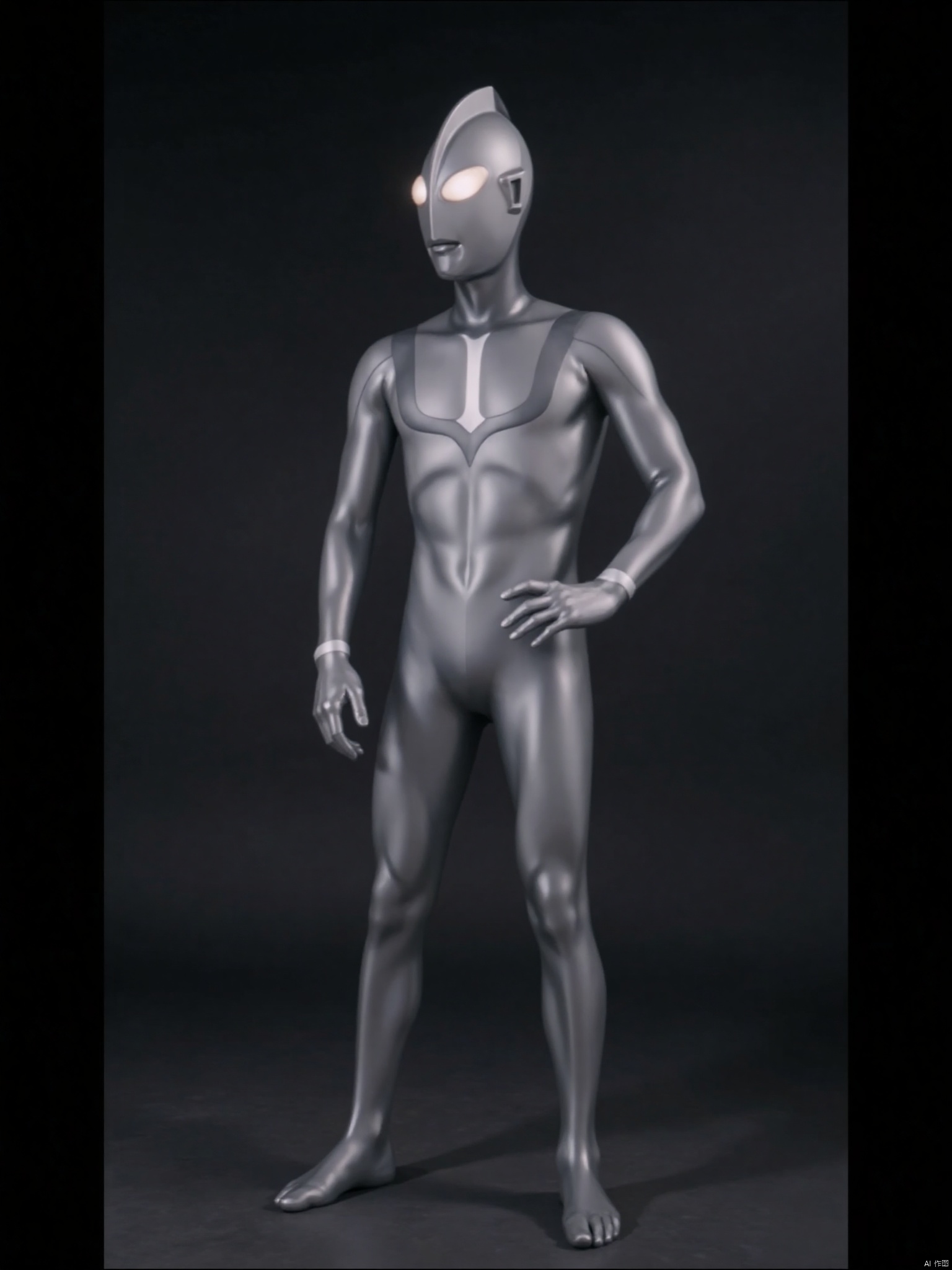 ultraman,silver bodysuit,silver gloves,legwear,gloves,boots,cover,mask,plugsuit,armor,bodysuit,grey pattern on body,silver tight-fitting,silver footwear,helmet,leather suit,latex,tokusatsu,no humans,science fiction,silver head,hard mask,no smile,no eyes,no nose,solo,silver rubber bodysuit with grey line