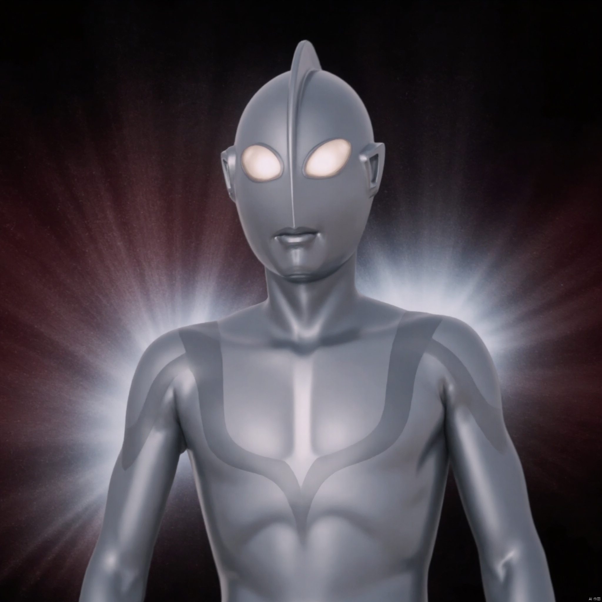 ultraman,silver bodysuit,silver gloves,legwear,gloves,boots,cover,mask,plugsuit,armor,bodysuit,grey pattern on body,silver tight-fitting,silver footwear,helmet,leather suit,latex,tokusatsu,no humans,science fiction,silver head,hard mask,no smile,no eyes,no nose,solo,silver rubber bodysuit with grey line