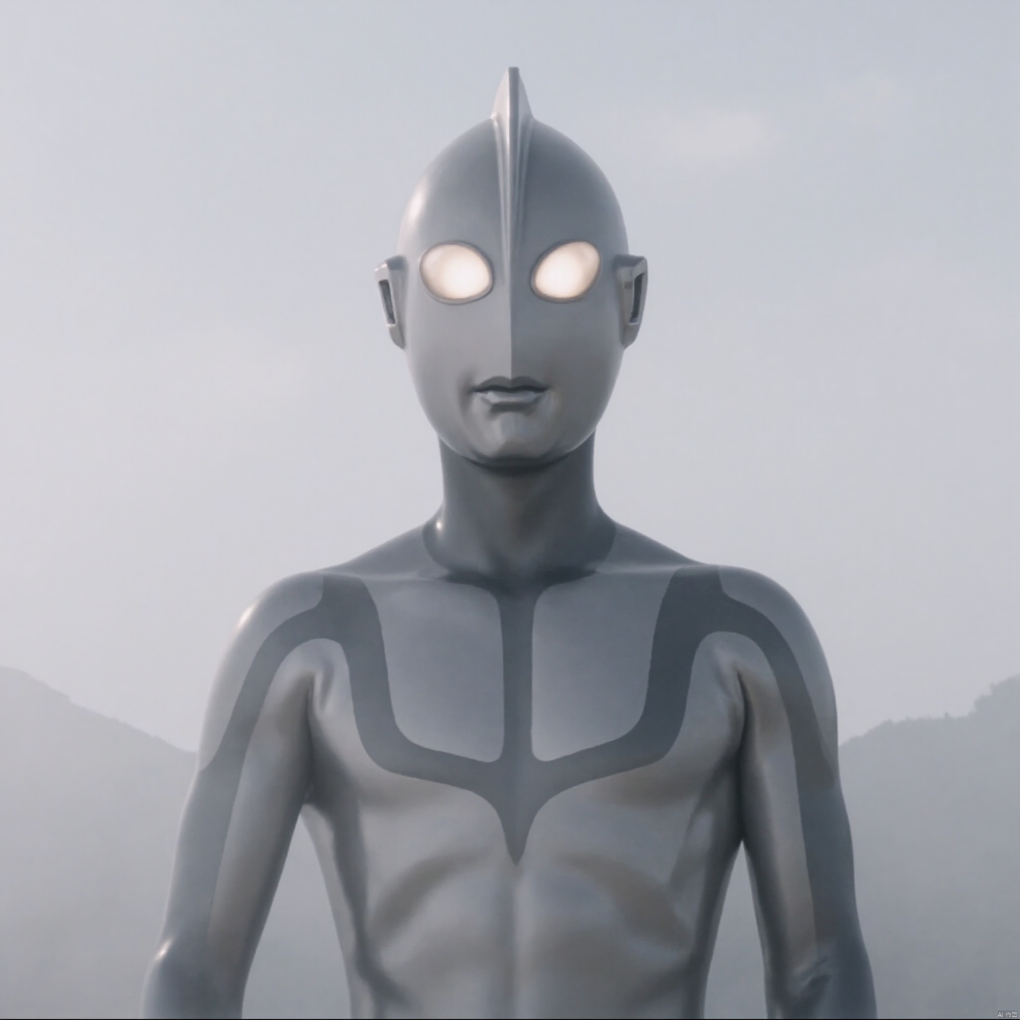 ultraman,silver bodysuit,silver gloves,legwear,gloves,boots,cover,mask,plugsuit,armor,bodysuit,grey pattern on body,silver tight-fitting,silver footwear,helmet,leather suit,latex,tokusatsu,no humans,science fiction,silver head,hard mask,no smile,no eyes,no nose,solo,silver rubber bodysuit with grey line