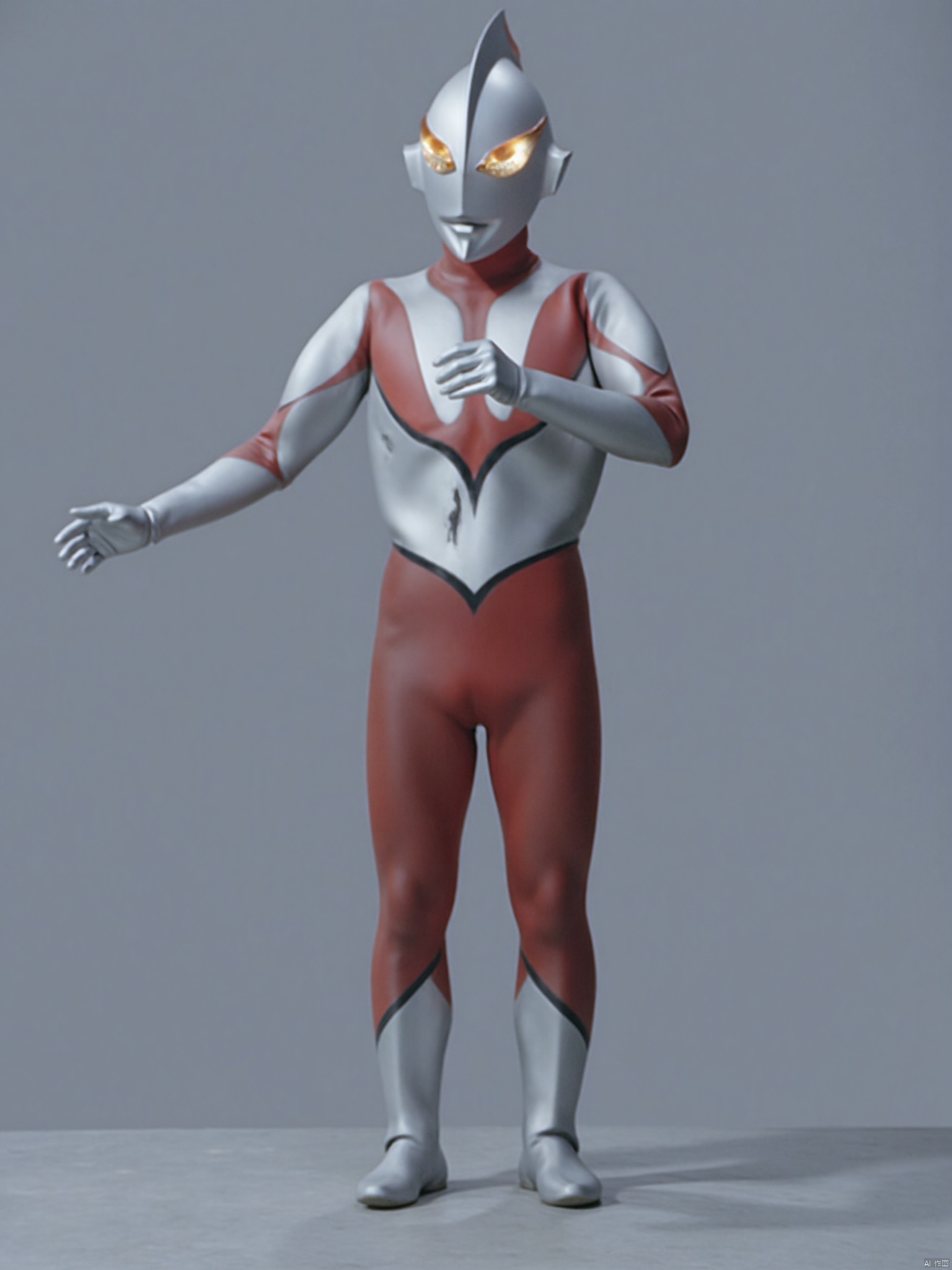 (grey background:1.2),looking at viewer,(SOLO:1.4),outline,simple background,full body,looking at viewer,(((arms at side))),ultraman,silver bodysuit,silver gloves,legwear,gloves,boots,cover,mask,plugsuit,armor,bodysuit,red pattern on body,silver tight-fitting,silver footwear,helmet,leather suit,latex,tokusatsu,no humans,science fiction,silver head,hard mask,no smile,no eyes,no nose,solo,silver rubber bodysuit with red line
