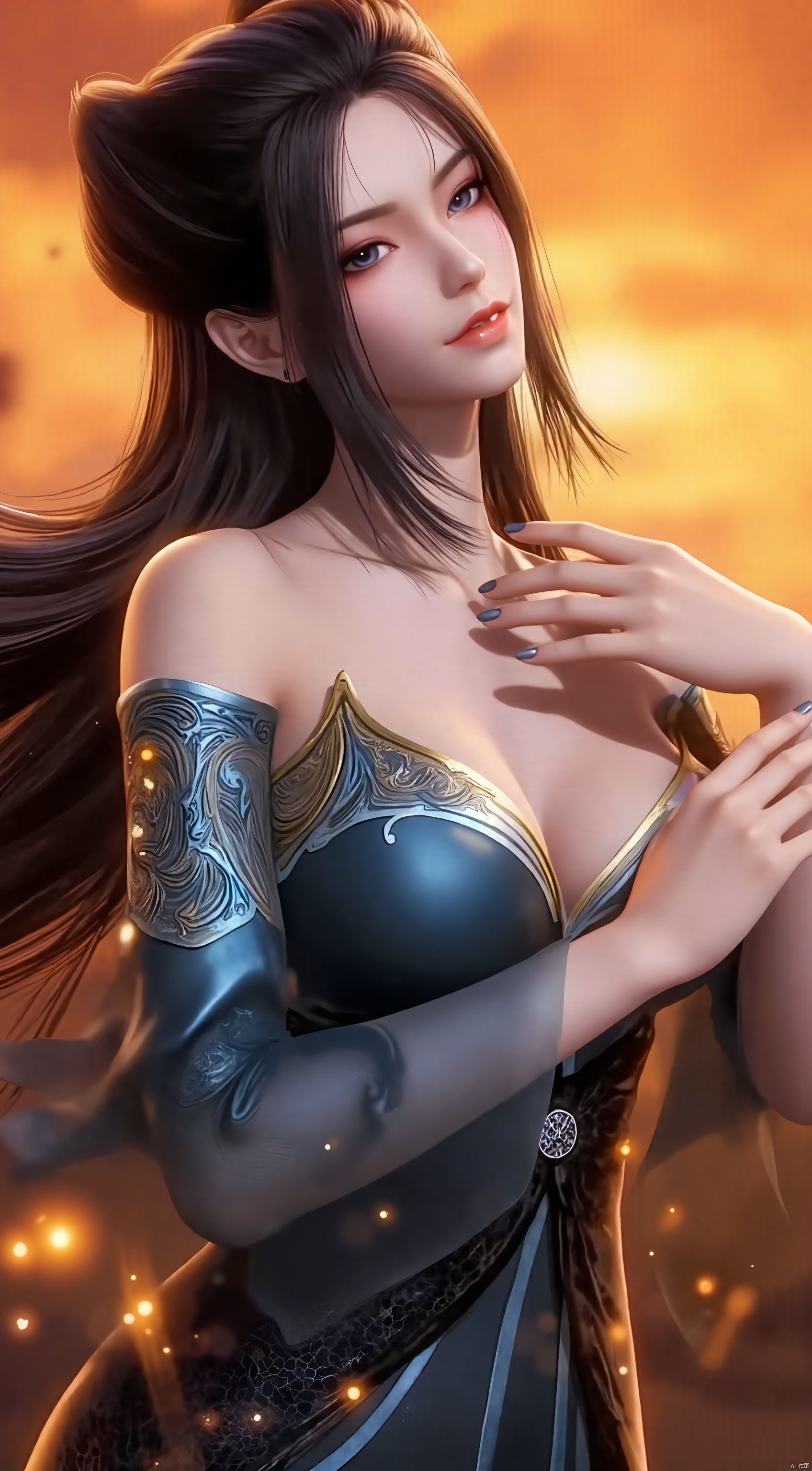 The image is a digital art piece that appears to be a portrait of a young woman with long dark hair
She is wearing a blue and gold outfit with a high neckline and long sleeves
Her hair is flowing in the wind and cascades down her back
The background is a fiery orange and yellow color, with sparks flying around her
The woman's face is turned to the side, with her eyes closed and her lips slightly parted
She has a peaceful expression on her face and her hands are resting on her chest
The overall mood of the image is mystical and dreamlike.
